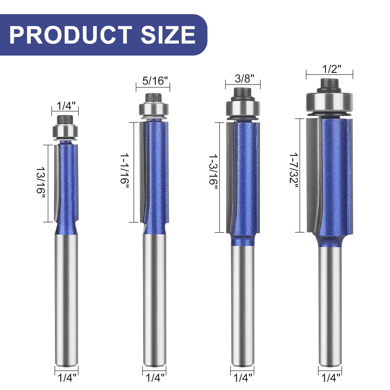 UTRUSTTO Professional Straight Flush Trim Router Bits 1/4 Inch Shank, Top Bearing Flush Trim Router Bit Set, Cutting Height Respectively 13/16