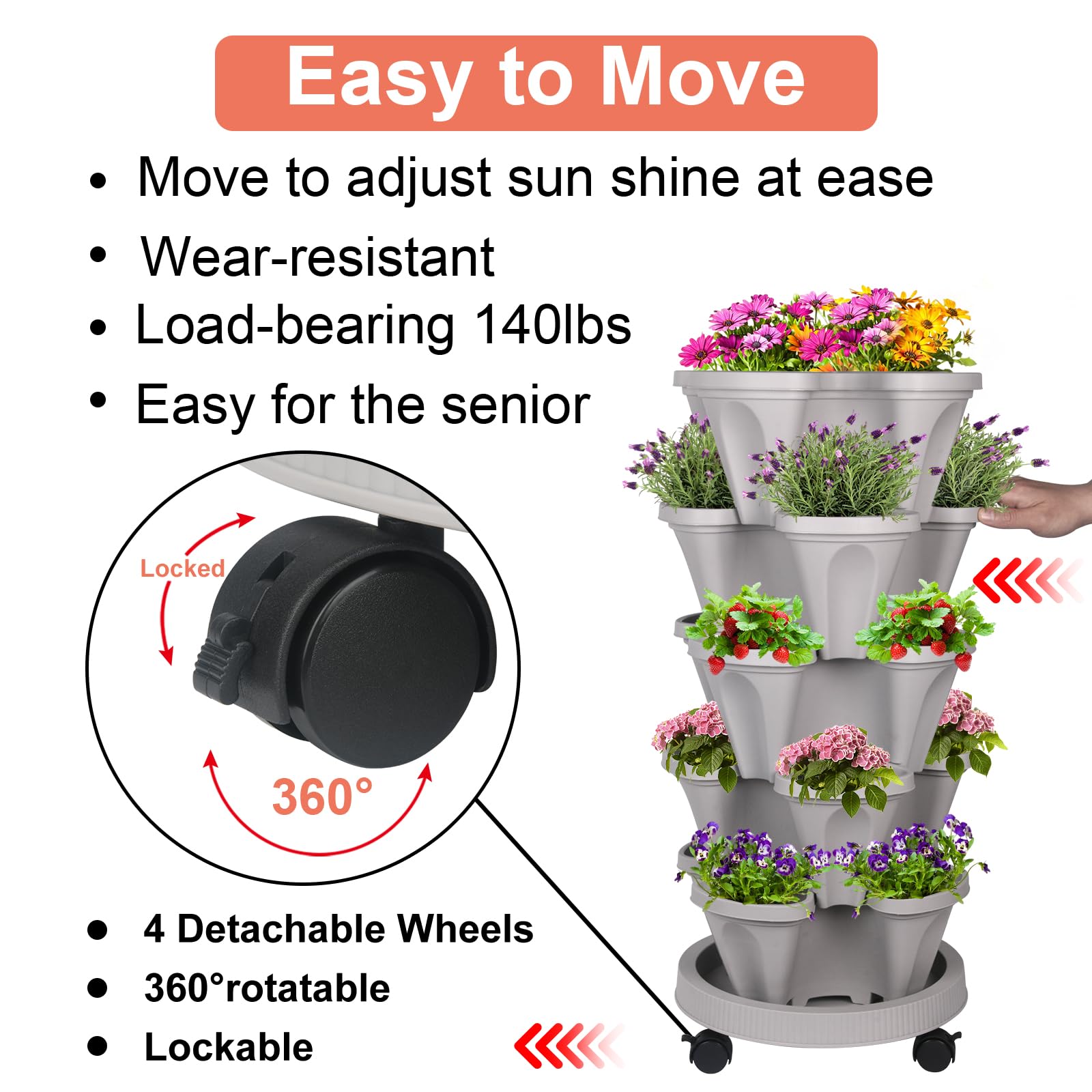 Vertical Planter 5 Tier Stackable Planters Garden Planters Strawberry Herb Flower and Vegetable Planter Indoor Outdoor Gardening Pots with Removable Wheels and Tools