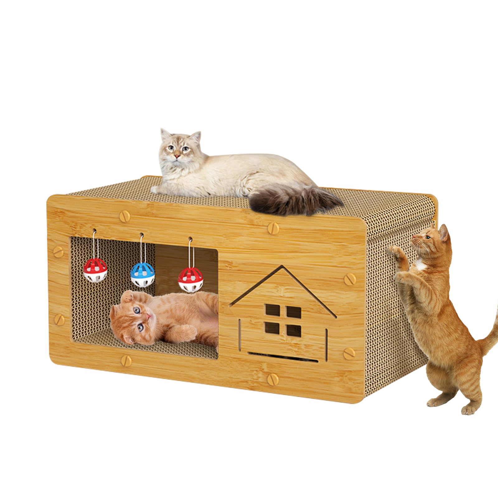 Aheyimcn Cat Scratcher House, Wooden Cat Scratcher House with Cat Cardboard Pad with Ball with Bell, Large Space Let Your Kitties Scratch, Play, & Rest Cardboard Cat House Easy to Assemble (Large)