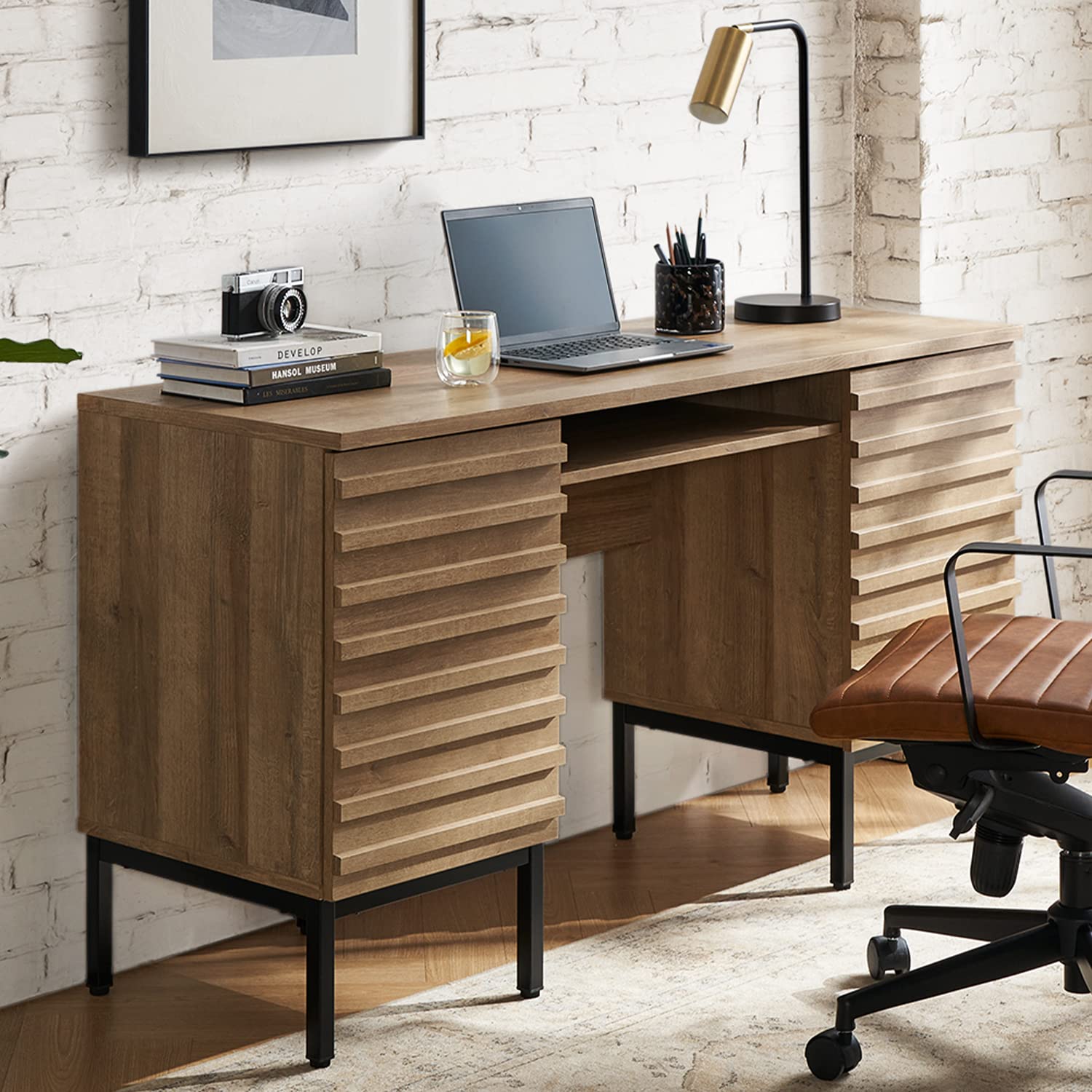 mopio Norwin Executive Desk, Modern Industrial Farmhouse Desks for Home Office, with Sturdy Metal Legs, Fluted Panel Dual Cabinet Soft Close Door, Storage Shelves, & Leveler