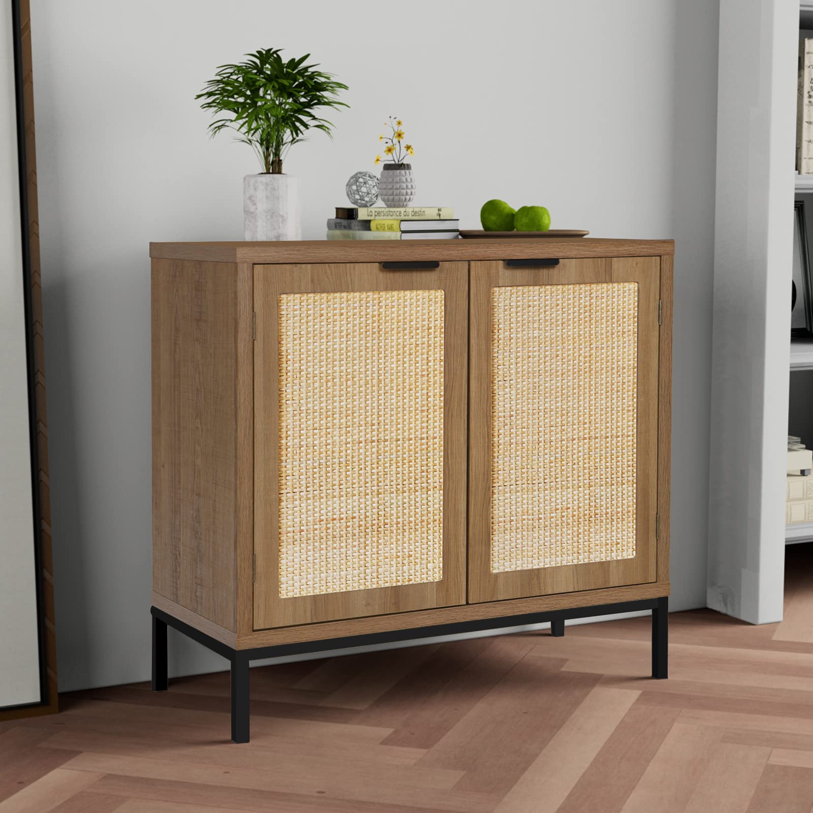 Anmytek Rustic Oak Accent Storage Cabinet with 2 Rattan Doors, Mid Century Natural Wood Sideboard Furniture for Living Room H0045