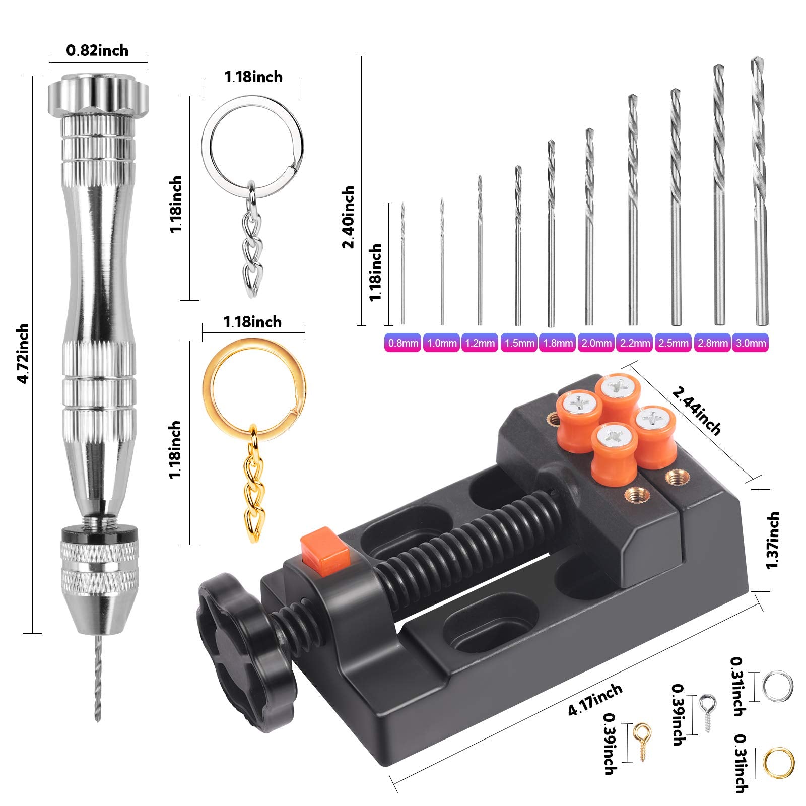 LEOBRO Hand Drill, Pin Vise Hand Drill for Jewelry Making, Mini Drill with Small Drill Bits, Drill Press Vise, 210pcs Keychain Making Supplies, Resin Tools for Jewelry Keychains Miniature Crafts