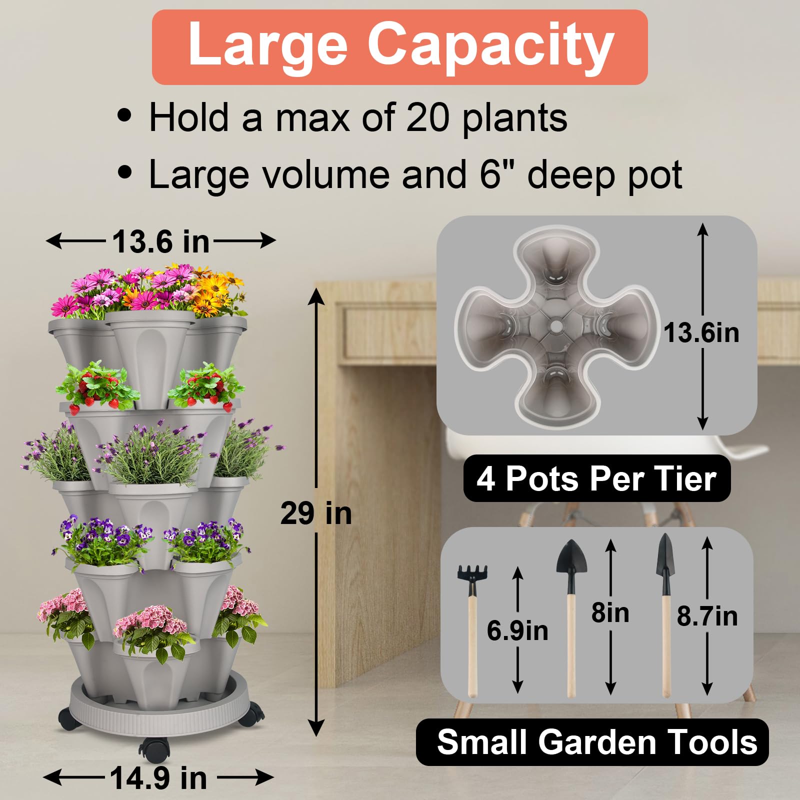 Vertical Planter 5 Tier Stackable Planters Garden Planters Strawberry Herb Flower and Vegetable Planter Indoor Outdoor Gardening Pots with Removable Wheels and Tools