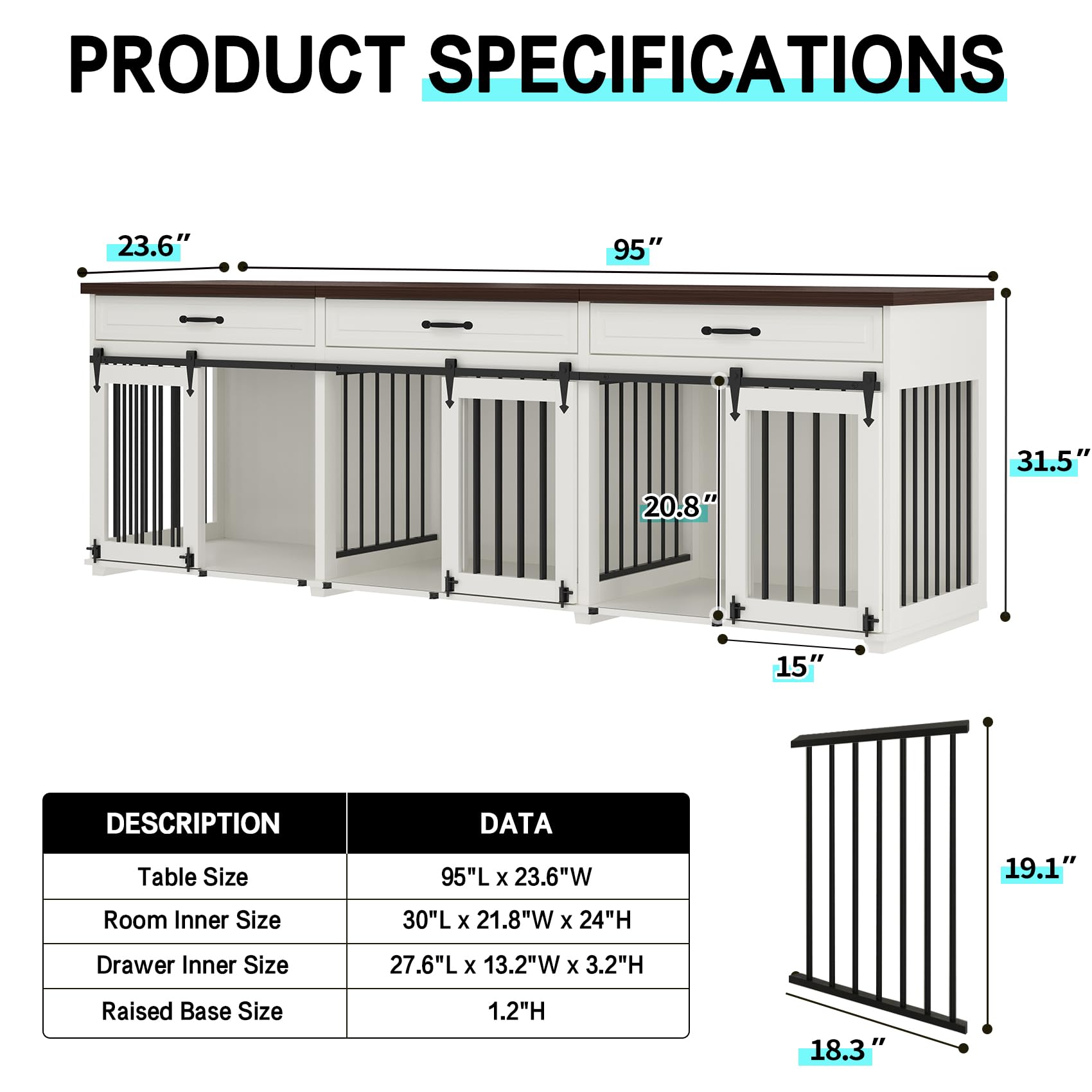 Dog Crate Furniture - Indoor Wooden Dog Kennel Crate with 3 Lockable Sliding Barn Doors, 2 Dividers, 3 Drawers, 95