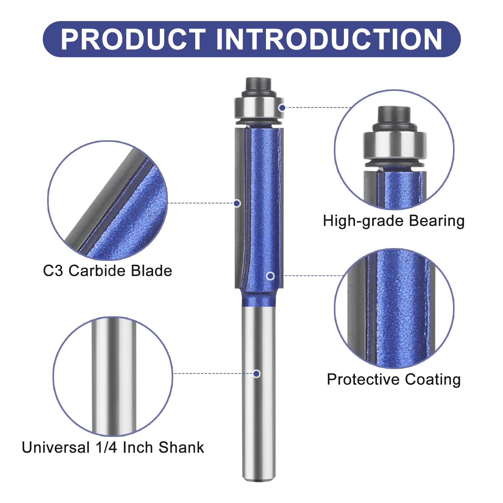 UTRUSTTO Professional Straight Flush Trim Router Bits 1/4 Inch Shank, Top Bearing Flush Trim Router Bit Set, Cutting Height Respectively 13/16