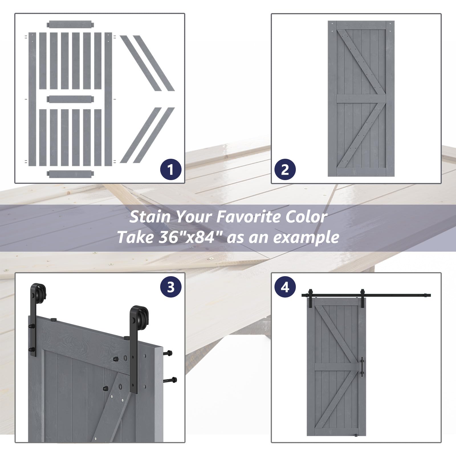 SMARTSTANDARD 36in x 84in Sliding Barn Door with 6.6ft Barn Door Hardware Kit & Handle, Pre-Drilled Ready to Assemble, DIY Unfinished Solid Spruce Wood Panelled Slab, K-Frame, Grey