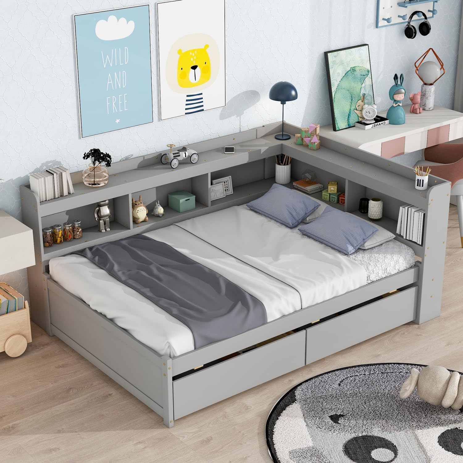 DNChuan Full Size Bed with Storage Drawers and Bookcase Headboard,Pine Wood L-Shaped Bookshelf/Shelves,Gray