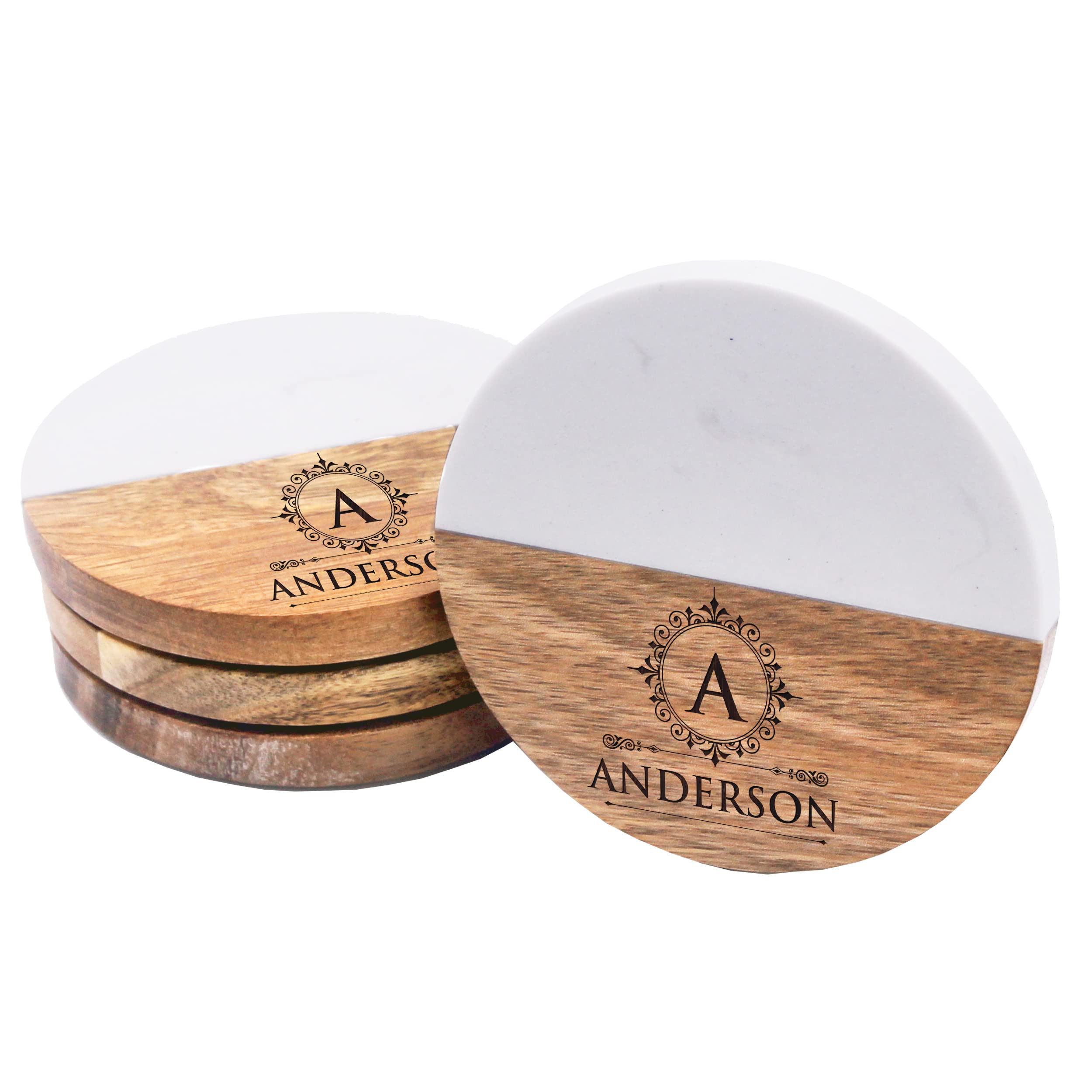 Custom Personalized Set of 4 Marble and Acacia Coasters for Drinks, Couples, Wedding Gift, New Home (Round Marble and Acacia)