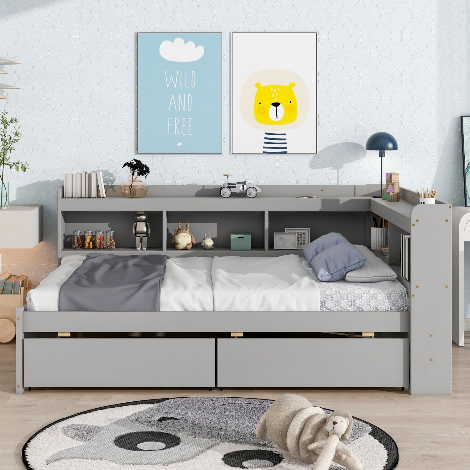 DNChuan Full Size Bed with Storage Drawers and Bookcase Headboard,Pine Wood L-Shaped Bookshelf/Shelves,Gray