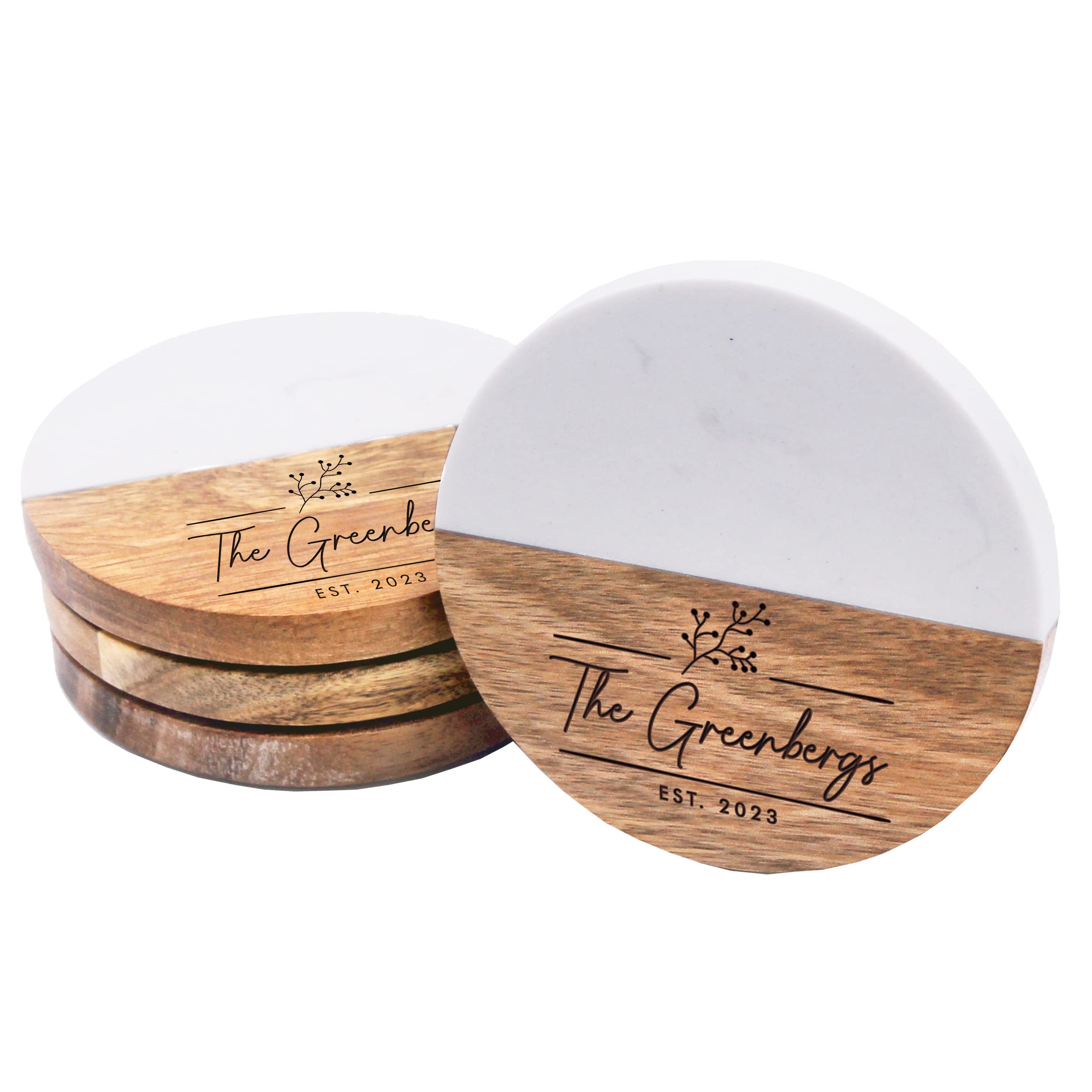 Custom Personalized Set of 4 Marble and Acacia Coasters for Drinks, Couples, Wedding Gift, New Home (Round Marble and Acacia)
