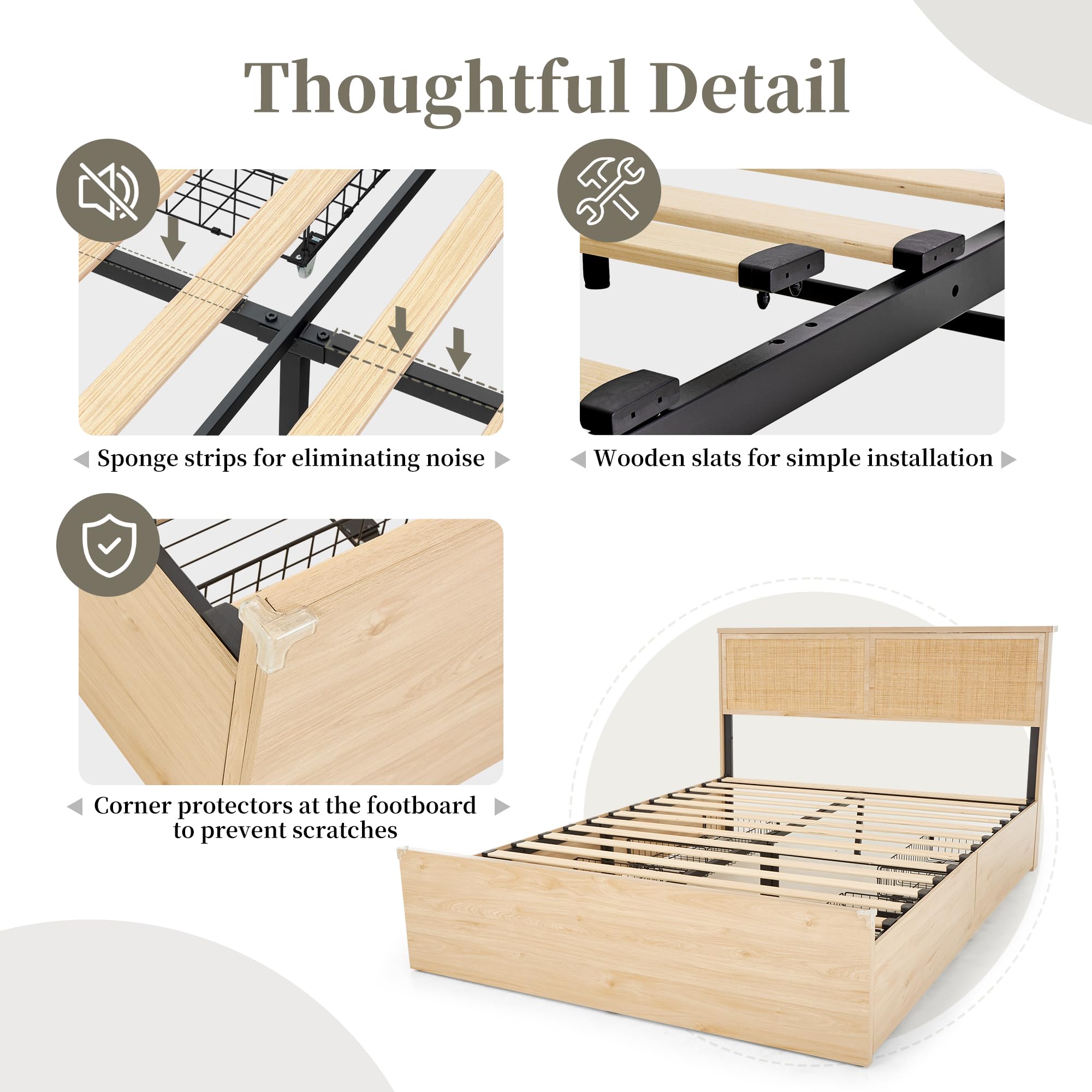 Yechen Queen Bed Frame with Natural Rattan Headboard and Wooden 4 Storage Drawers, Metal Platform with Strong Wooden Slats Support, Boho Cane Bed Mattress Foundation, No Box Spring Needed
