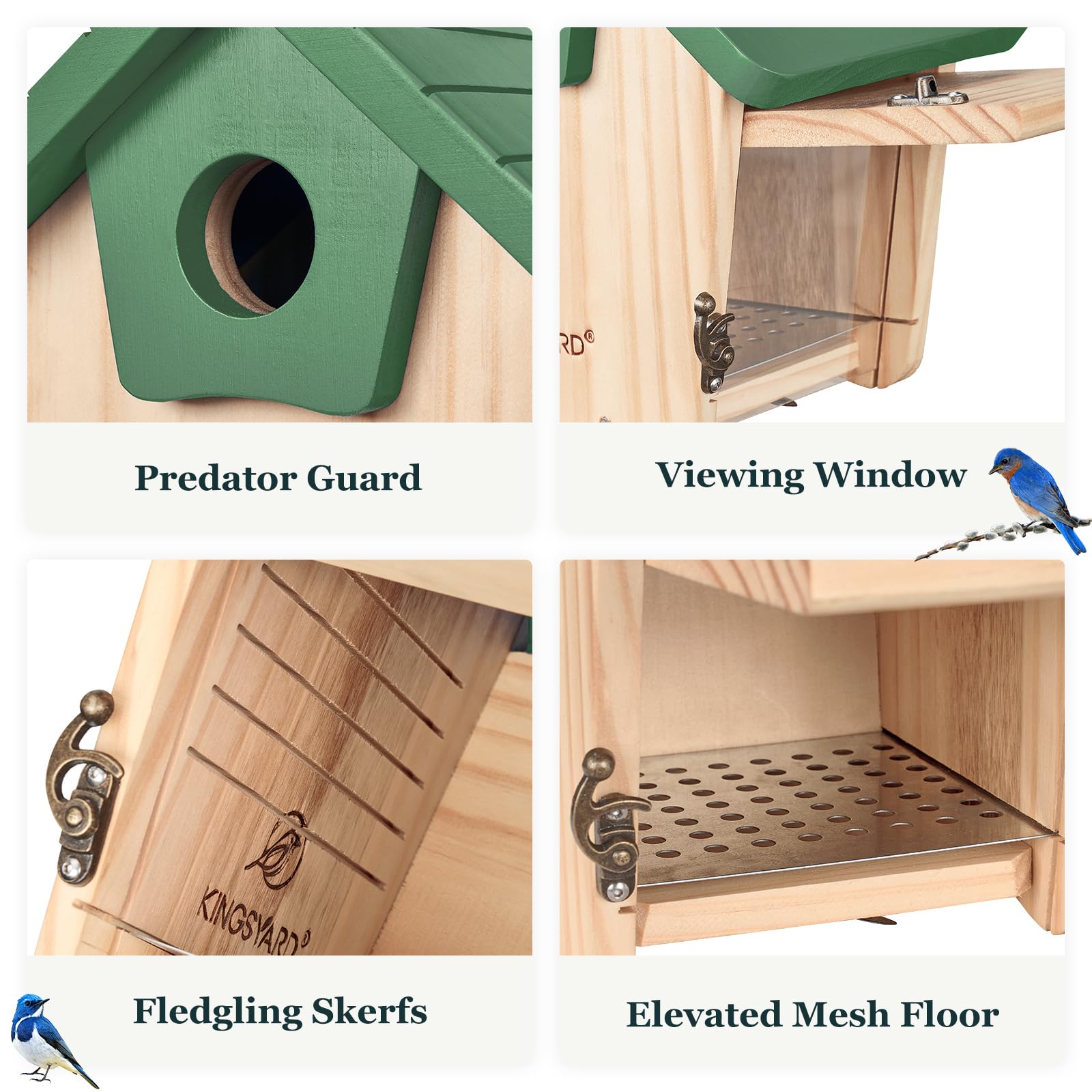 Kingsyard Wooden Bluebird House, Bird House with Predator Guard, Nesting Box Birdhouse for Outside Wild Bird Watching, Green