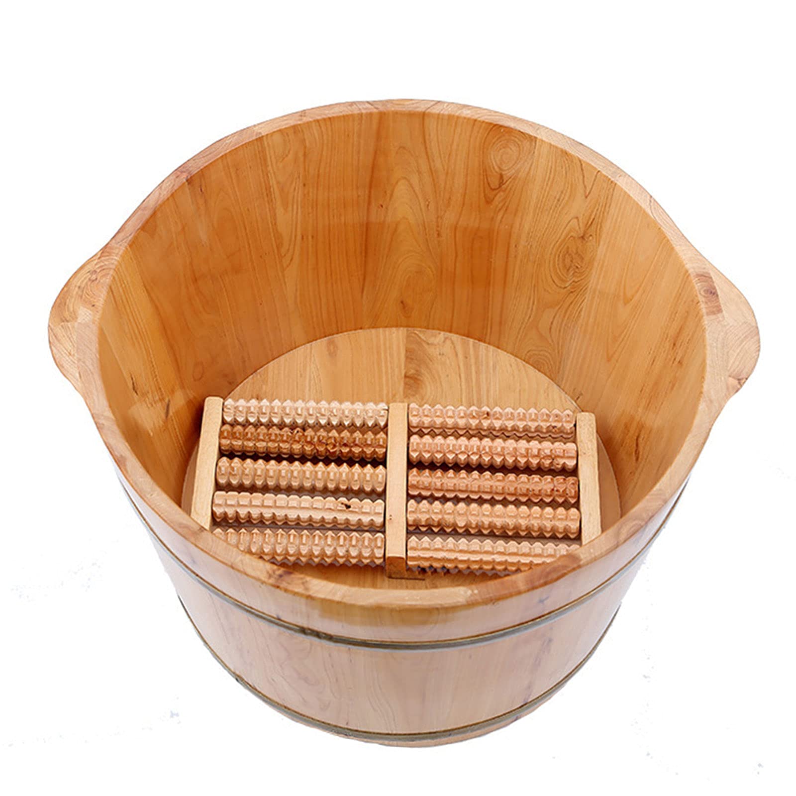 AngelcityCC Wood Foot Tub with Massager and lid, Solid Wood Handmade Wooden Foot Basin Set for Soaking Feet Spa Foot Care