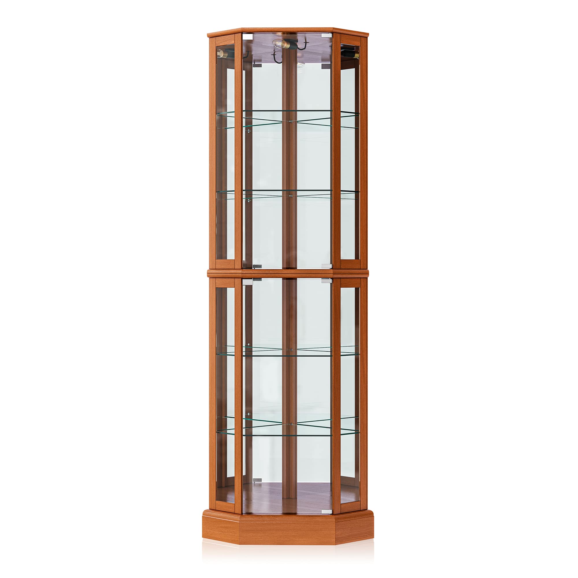 BELLEZE Lighted Curio Cabinet Corner Display Case for Living Room, China Hutch with Tempered Glass Doors and Shelves, Wooden Accent Cabinet, Bar and Liquor Storage Area - Ashfield (Oak)