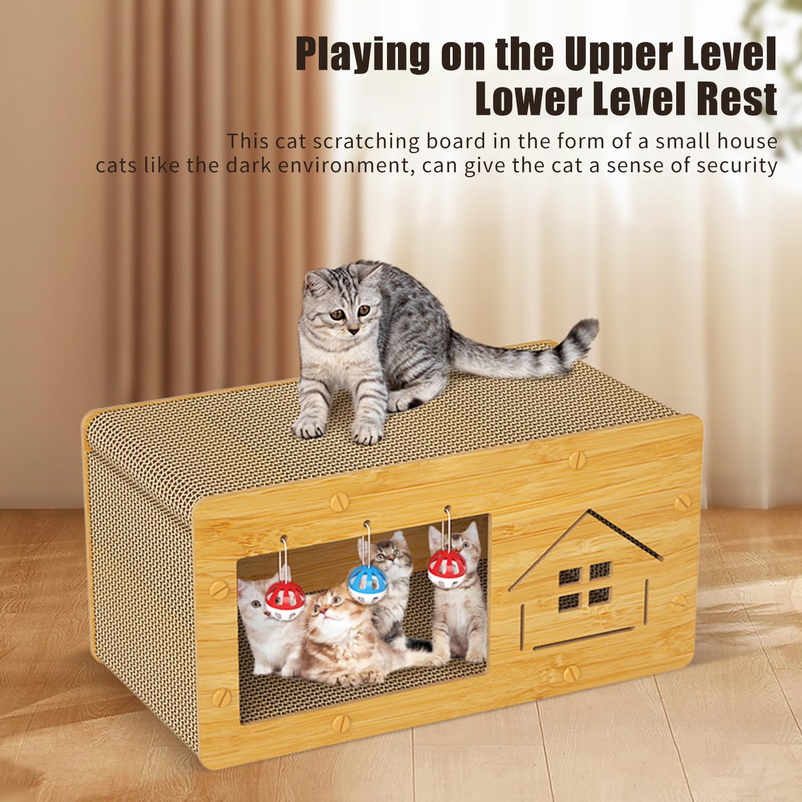 Aheyimcn Cat Scratcher House, Wooden Cat Scratcher House with Cat Cardboard Pad with Ball with Bell, Large Space Let Your Kitties Scratch, Play, & Rest Cardboard Cat House Easy to Assemble (Large)