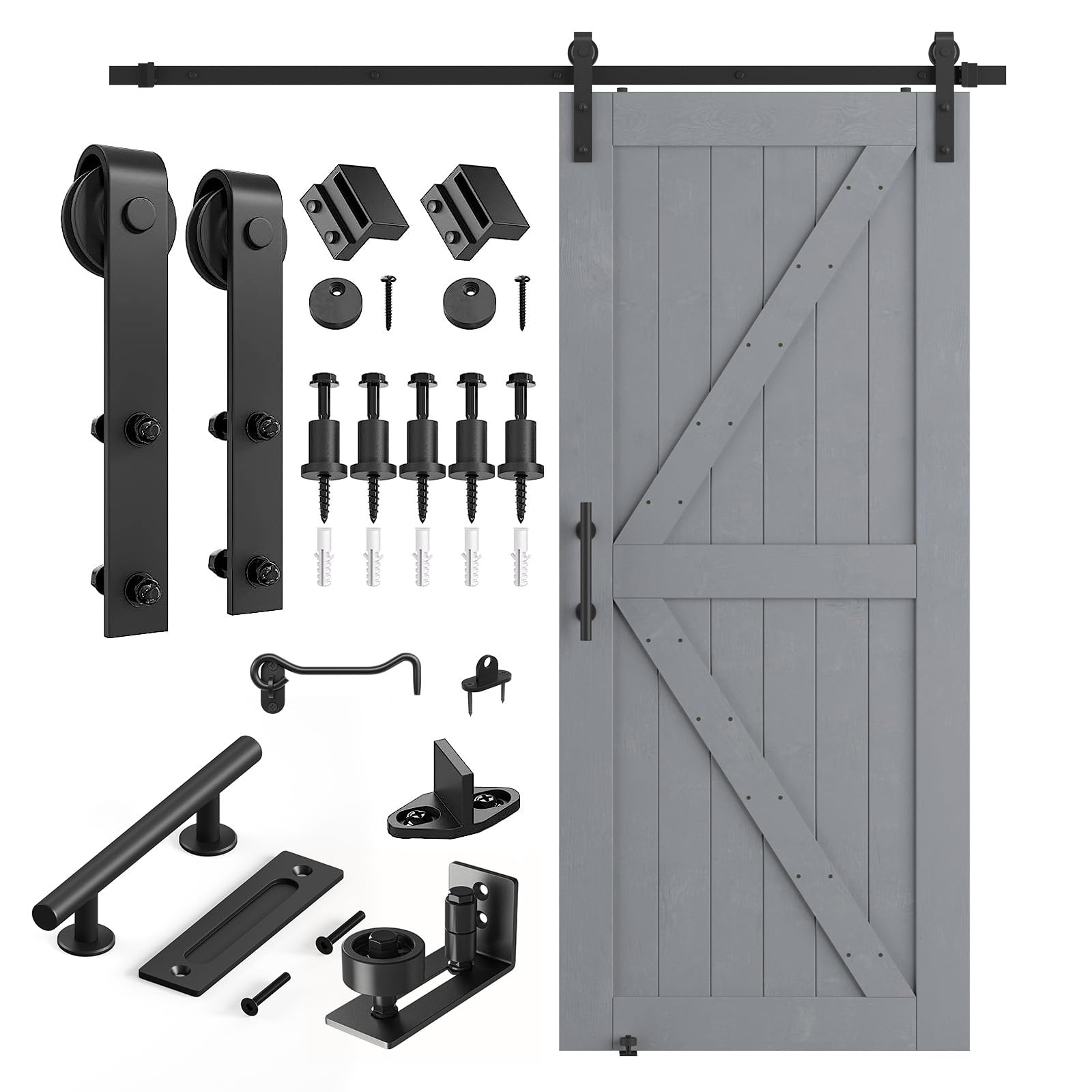 SMARTSTANDARD 36in x 84in Sliding Barn Door with 6.6ft Barn Door Hardware Kit & Handle, Pre-Drilled Ready to Assemble, DIY Unfinished Solid Spruce Wood Panelled Slab, K-Frame, Grey