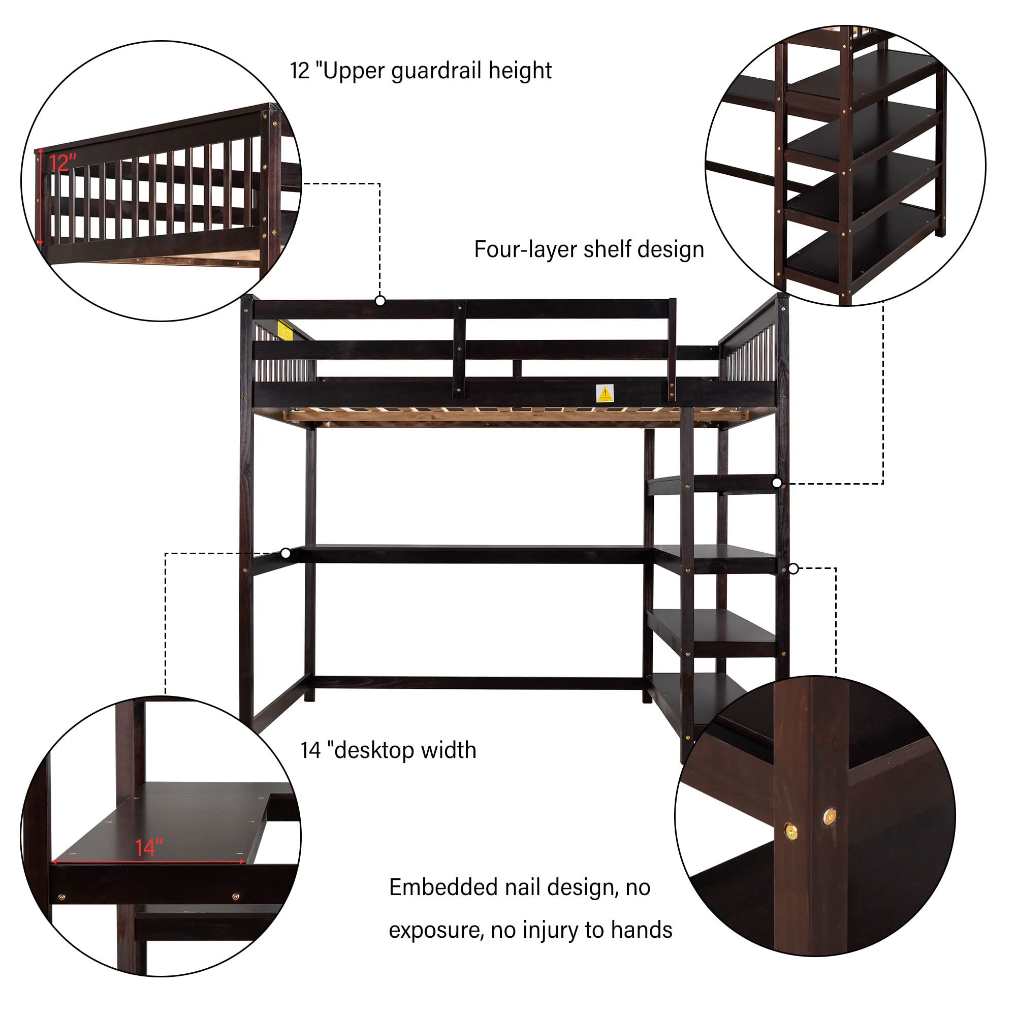 Merax Wood Loft Bed with Desk and Shelves : Twin Size Loft Bed with Storage Shelves and Under-Bed Desk, Twin Loft Bed,Espresso