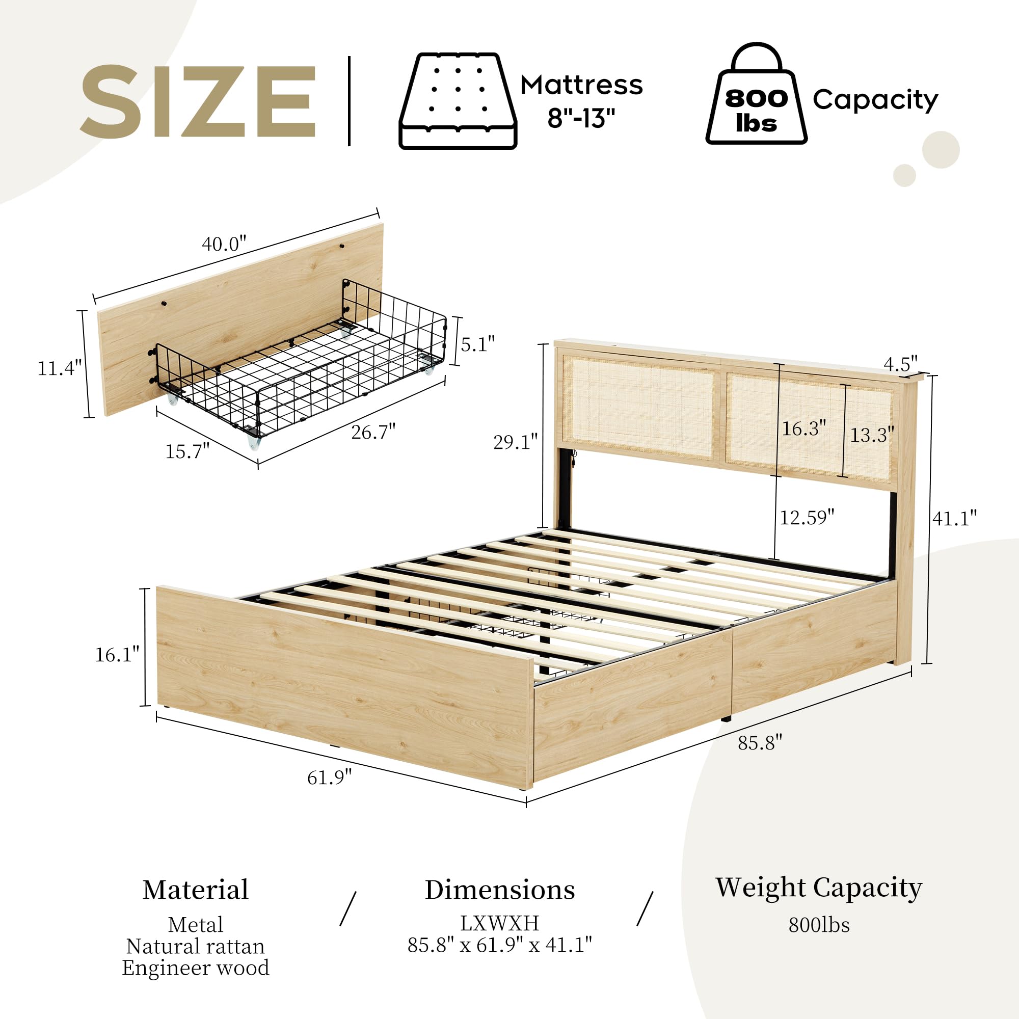 Natural Rattan Headboard Queen Bedframe with 4 Storage Drawers and Footboard, Boho Wooden Platform Bed with Sturdy Steel Frame and Strong Wooden Slats, No Box Spring Needed/Noise-Free/LED Light