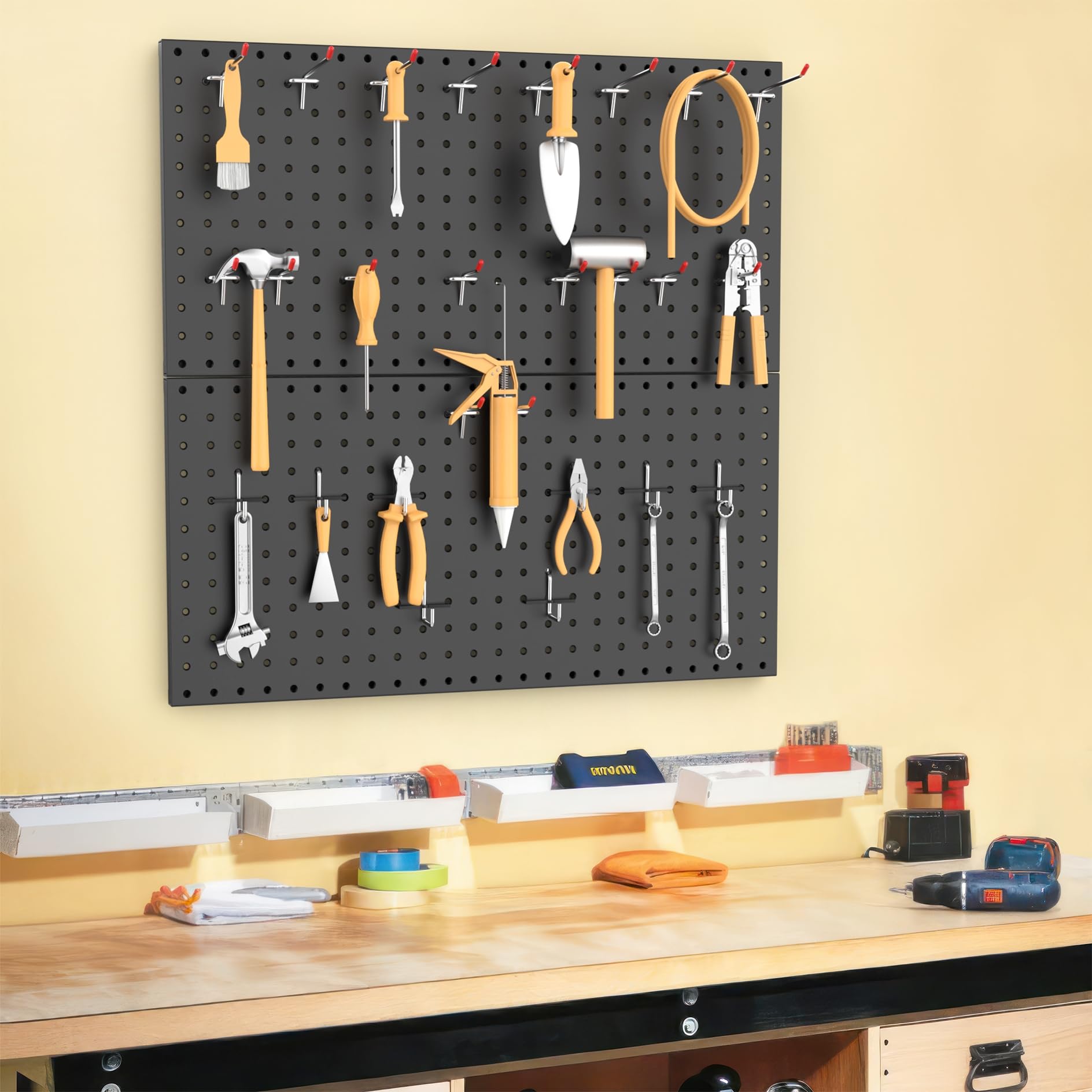 WALMANN Metal Pegboard Panels for Wall Garage Tools Pegboard Storage System for Garage, Workbench, Shed Modular Peg Board Organizer Board(Pack of 2, Black)