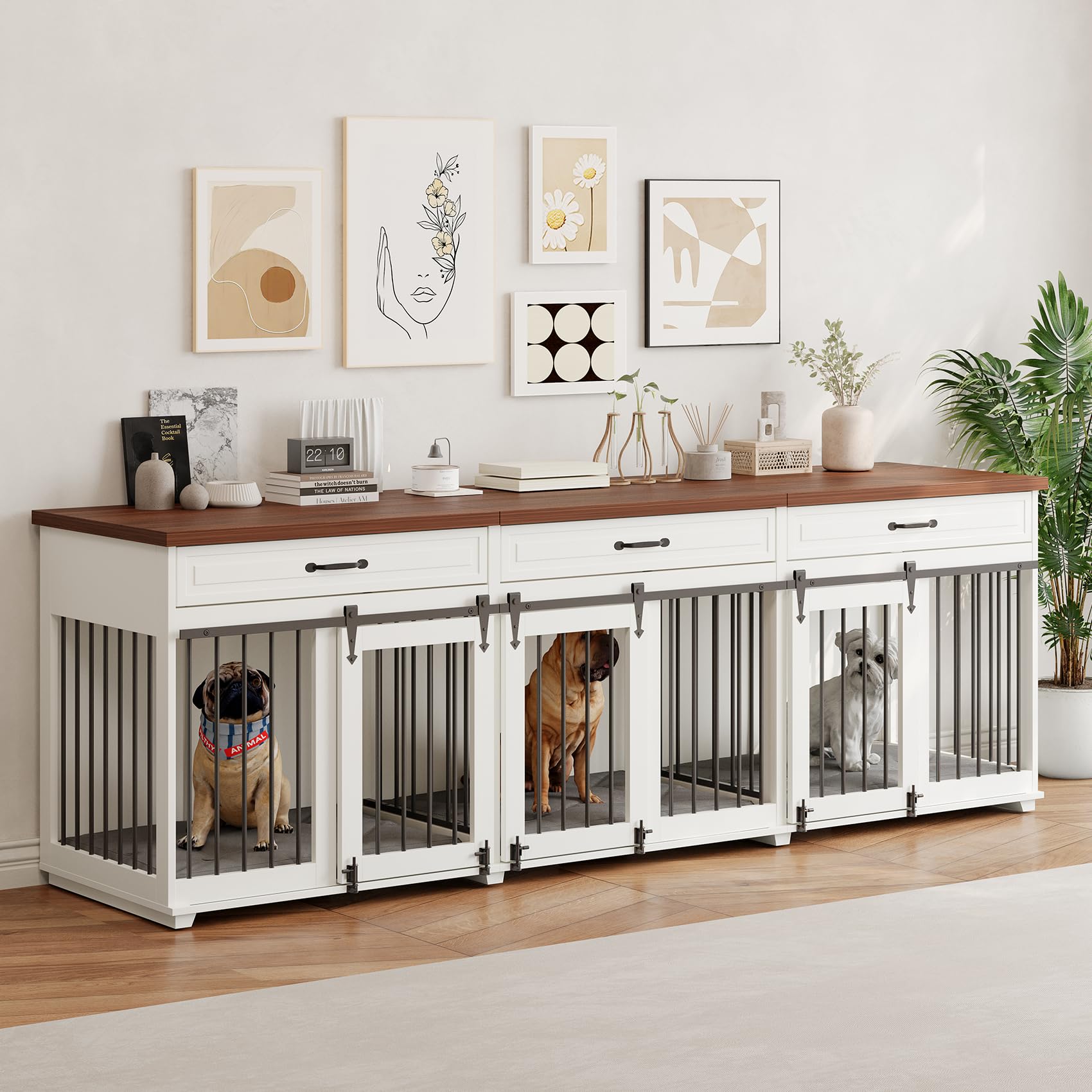 Dog Crate Furniture - Indoor Wooden Dog Kennel Crate with 3 Lockable Sliding Barn Doors, 2 Dividers, 3 Drawers, 95