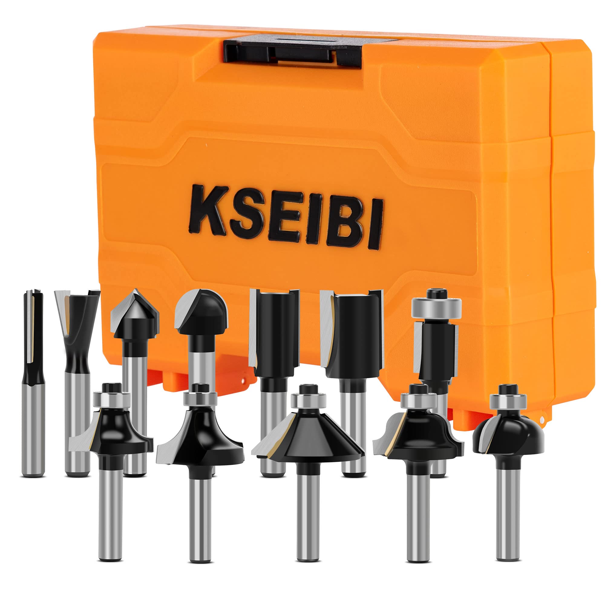 KSEIBI 1/4 Inch Router Bit Set, Tungsten Carbide Tip, Black Powder Coating Finish, for Both Beginners and Simi-Professional Woodworking Job 12 Piece Kit (103119)