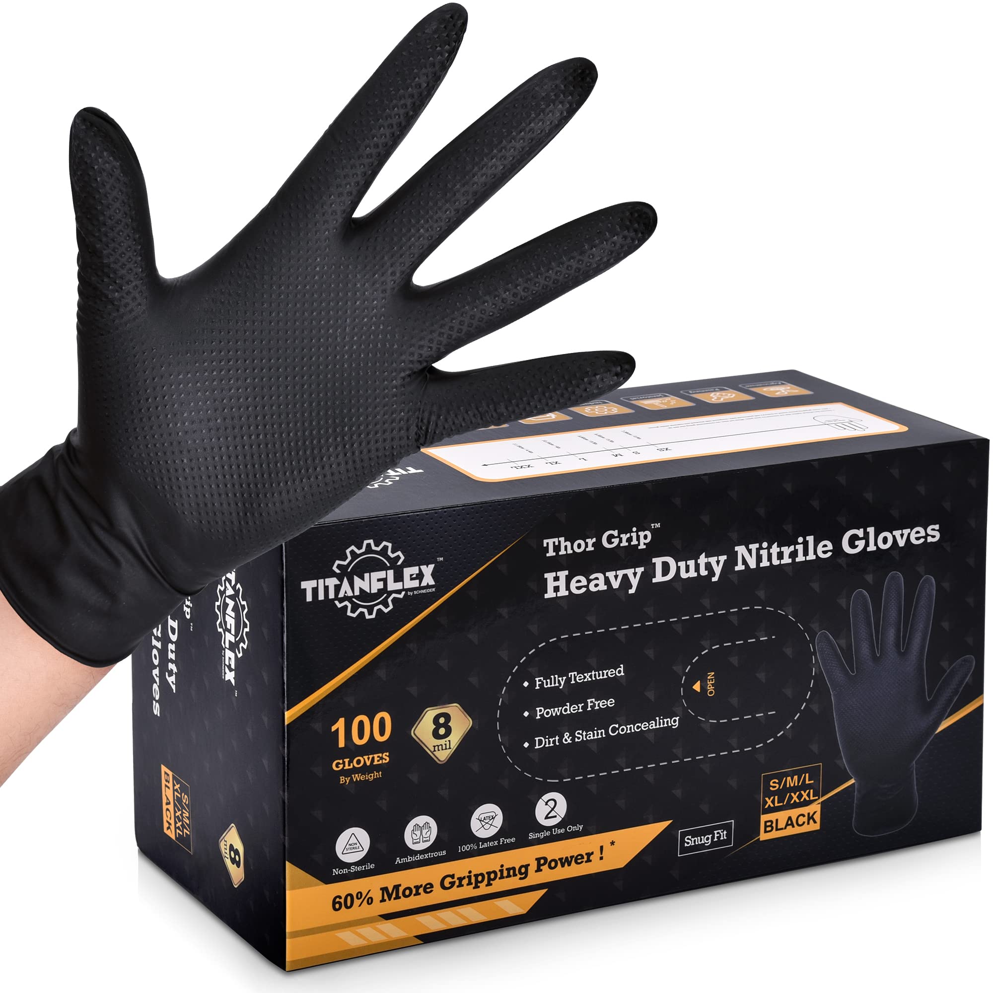 TITANflex Thor Grip Heavy Duty Black Industrial Nitrile Gloves, 8-mil, XL, Box of 100, Latex Free, Raised Diamond Texture, Powder Free, Food Safe, Rubber Gloves, Mechanic Gloves