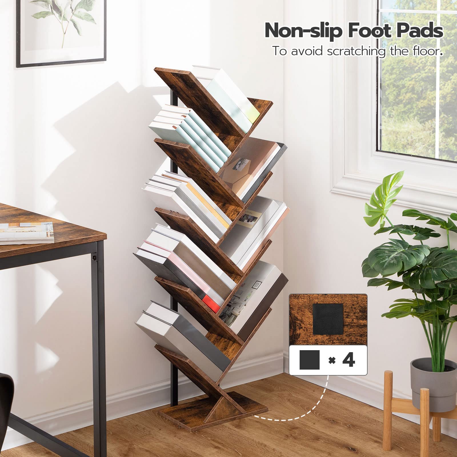 HOOBRO Tree Bookshelf, 9-Tier Bookcase Wooden Shelves, Floor Standing Storage Rack, for Display of CDs, Books in Living Room, Home Office, Wood Storage Rack for Bedroom, Rustic Brown BF08SJ01G1