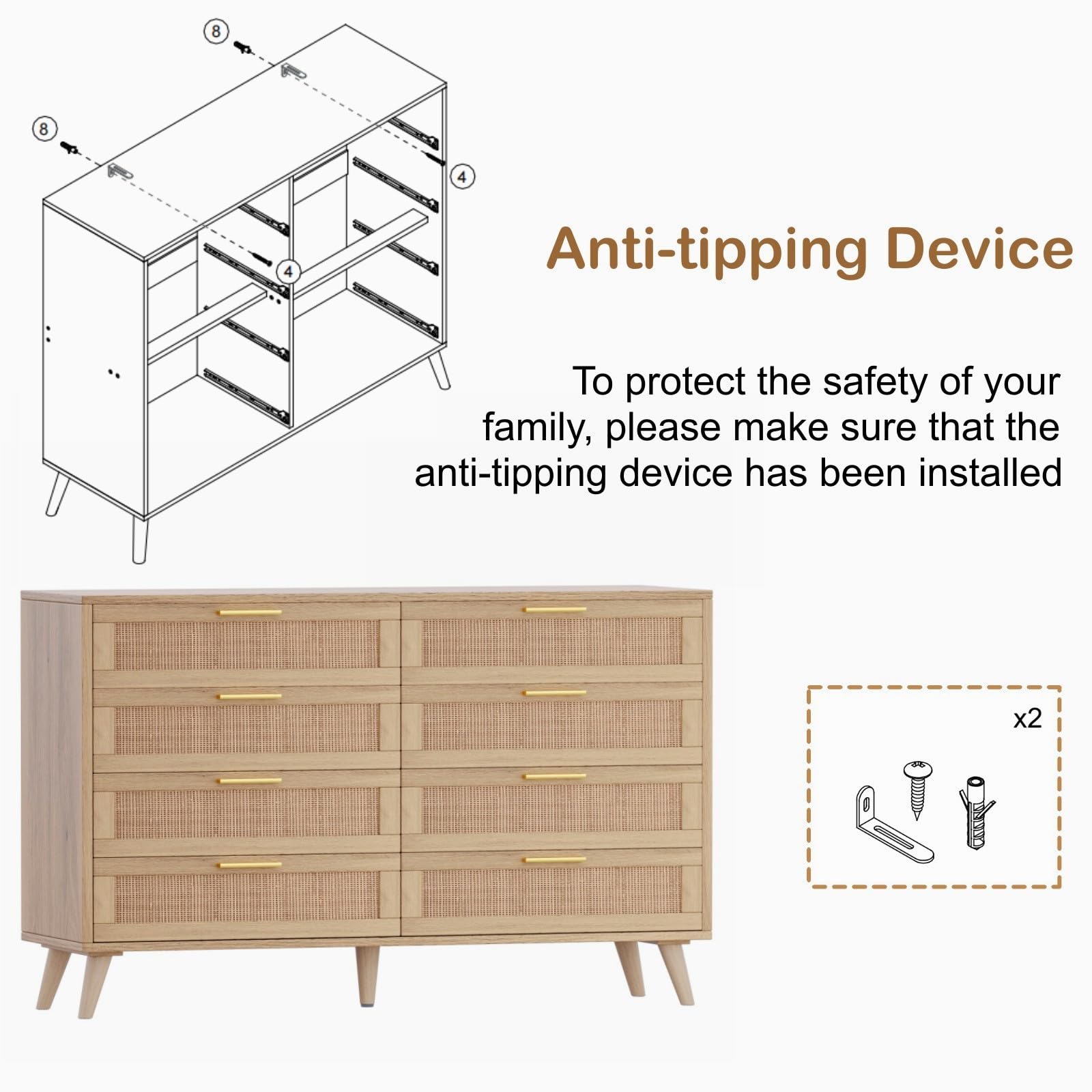 Rovaurx 8 Drawer Double Dresser for Bedroom, Rattan Chest of Dressers, Modern Wooden Dresser Chest with Golden Handles, Beside Table for Closet, Living Room and Entryway, Natural RDG003M