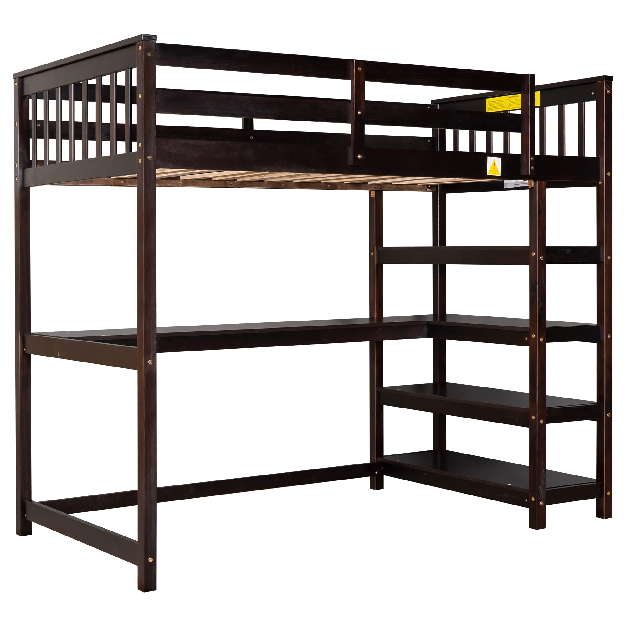 Merax Wood Loft Bed with Desk and Shelves : Twin Size Loft Bed with Storage Shelves and Under-Bed Desk, Twin Loft Bed,Espresso