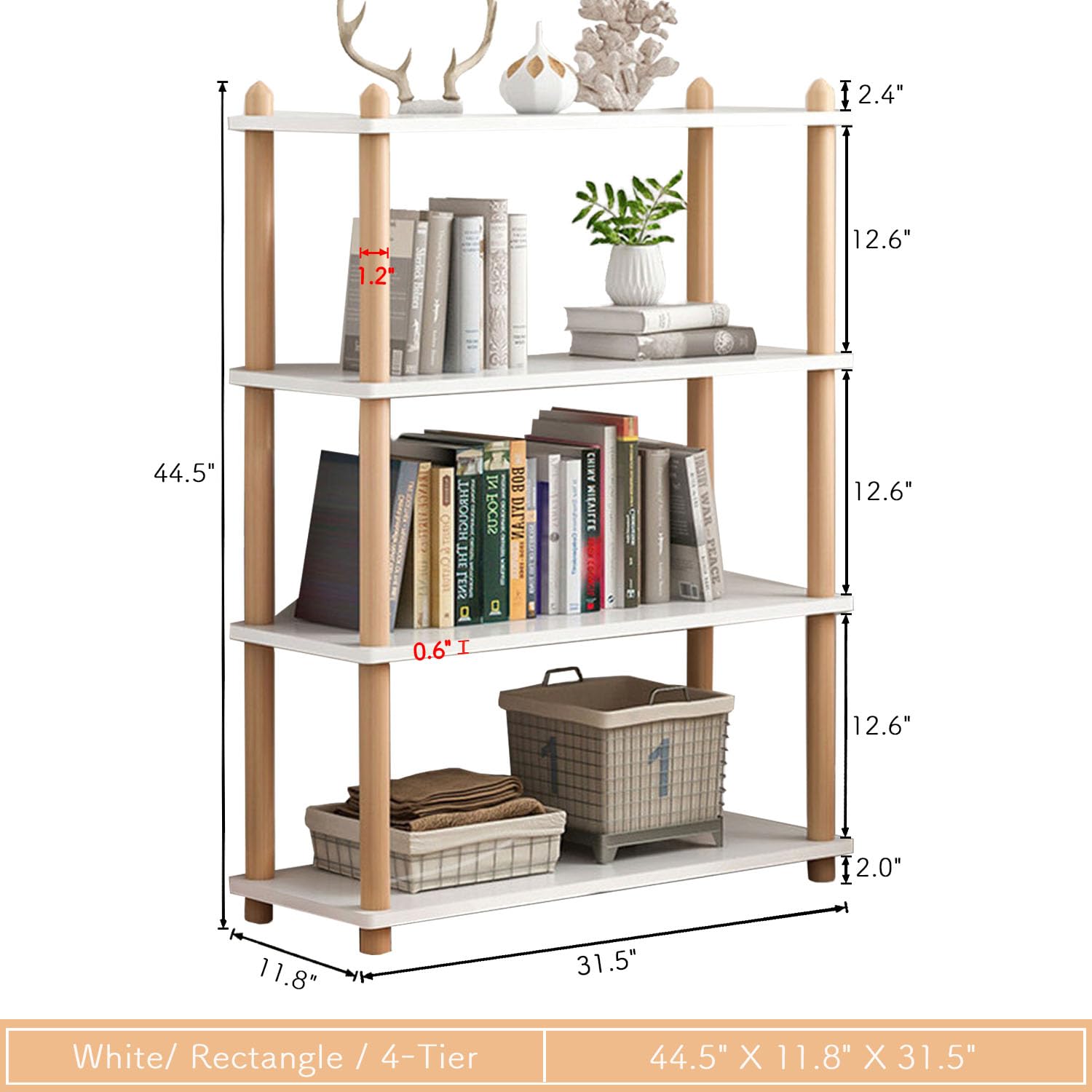 IOTXY 4-Tier Wooden Shelf Bookcase - Modern Open Bookshelf, Free Standing Storage Rack, Multifunctional Display Stand for Home and Office, White, Rectangle