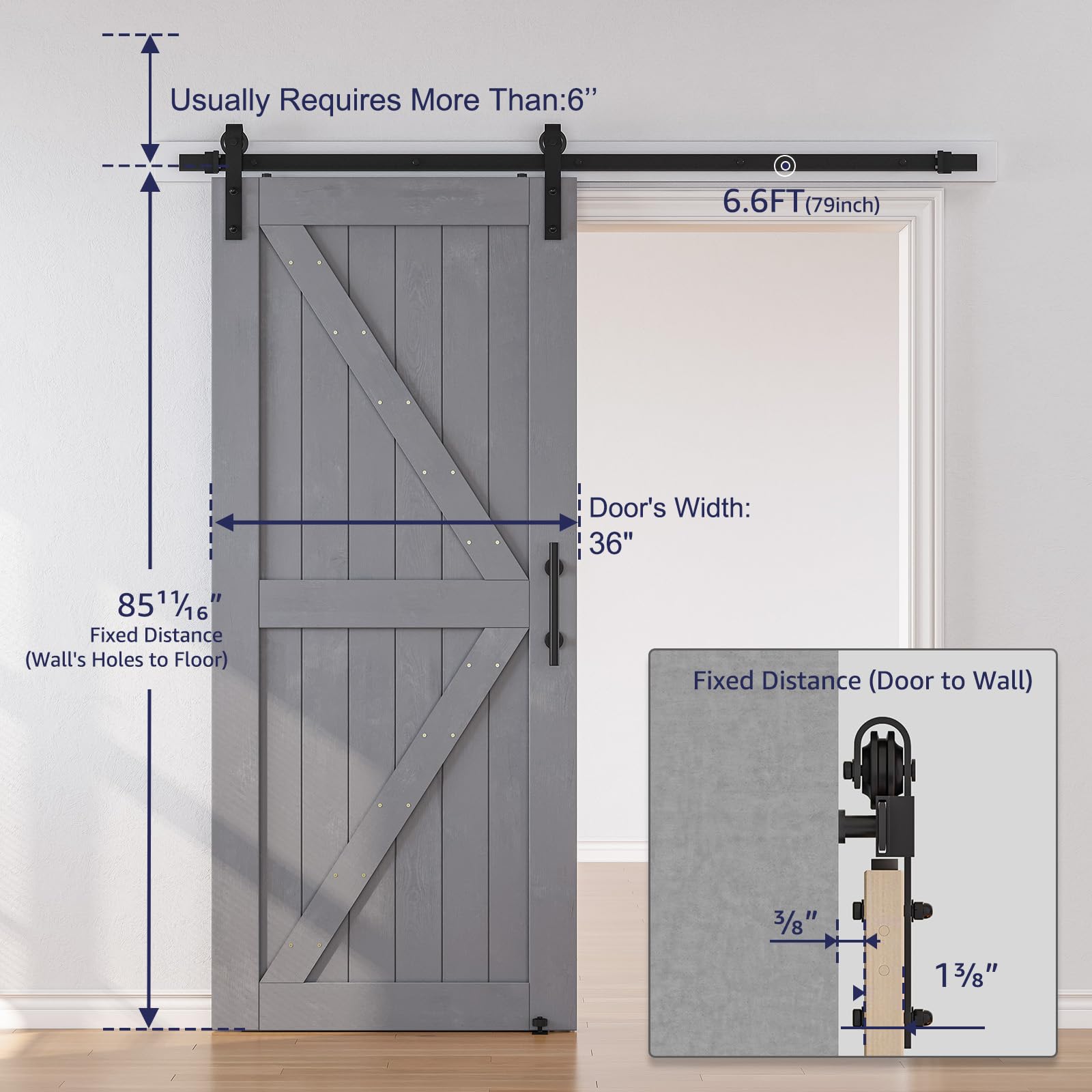SMARTSTANDARD 36in x 84in Sliding Barn Door with 6.6ft Barn Door Hardware Kit & Handle, Pre-Drilled Ready to Assemble, DIY Unfinished Solid Spruce Wood Panelled Slab, K-Frame, Grey