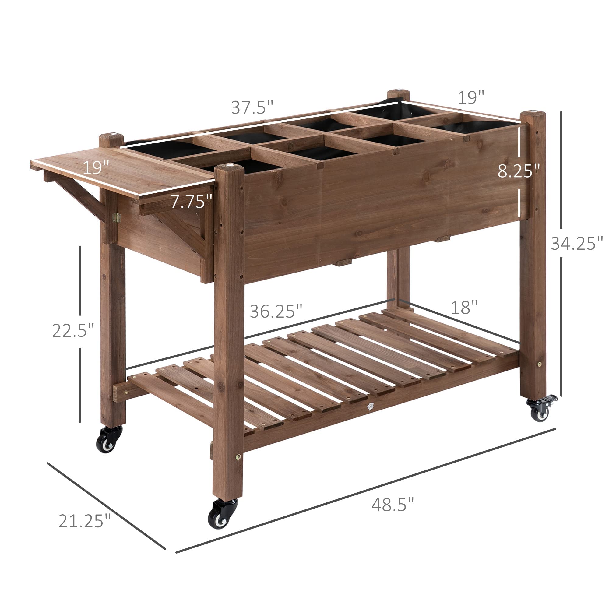 Outsunny Raised Garden Bed with 8 Grow Grids, Wooden Outdoor Plant Box Stand with Folding Side Table and Wheels, 49