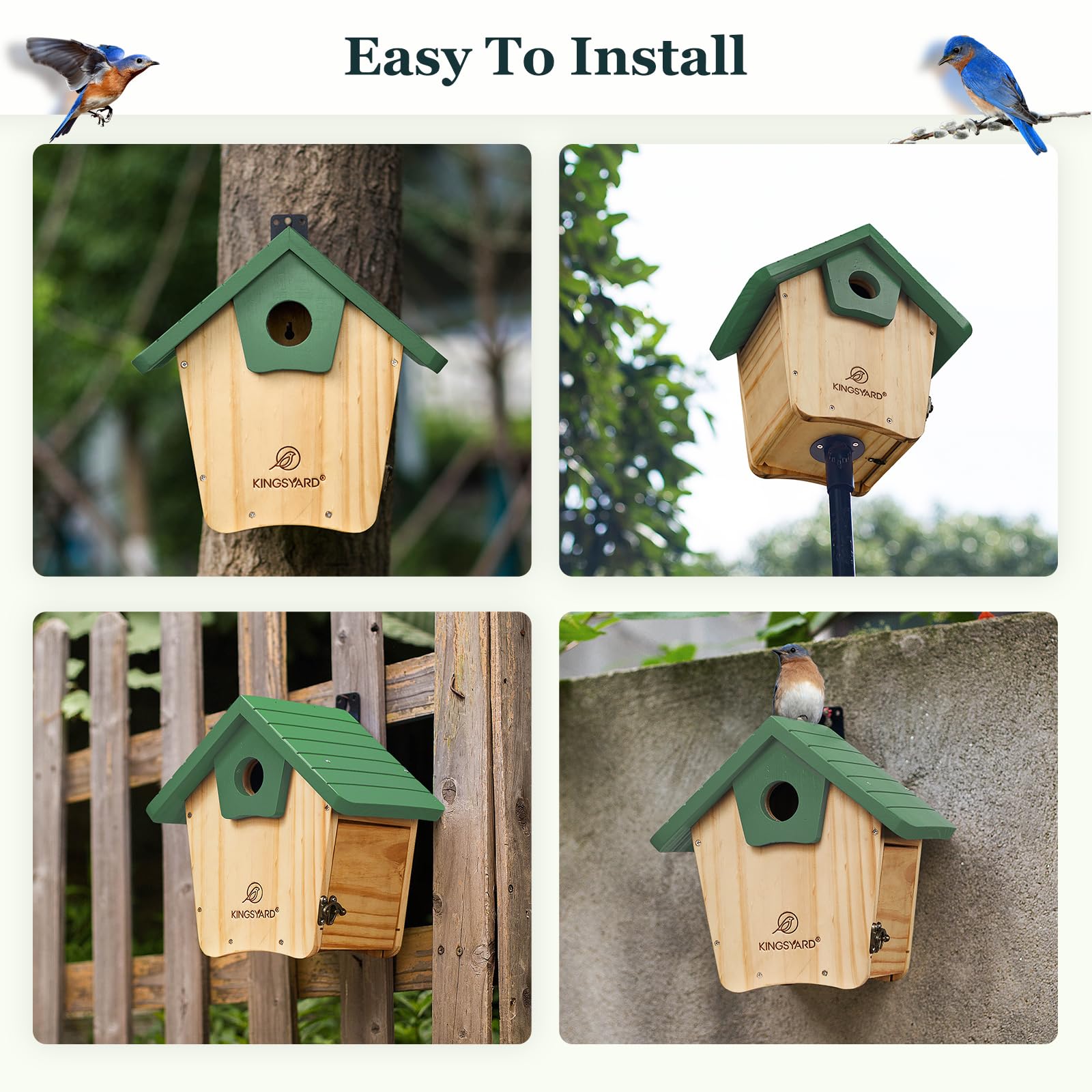 Kingsyard Wooden Bluebird House, Bird House with Predator Guard, Nesting Box Birdhouse for Outside Wild Bird Watching, Green