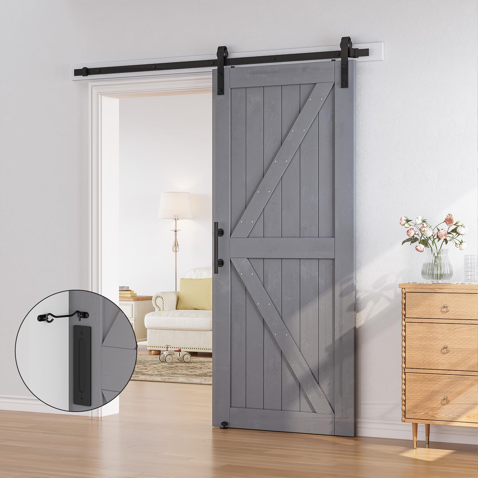 SMARTSTANDARD 36in x 84in Sliding Barn Door with 6.6ft Barn Door Hardware Kit & Handle, Pre-Drilled Ready to Assemble, DIY Unfinished Solid Spruce Wood Panelled Slab, K-Frame, Grey