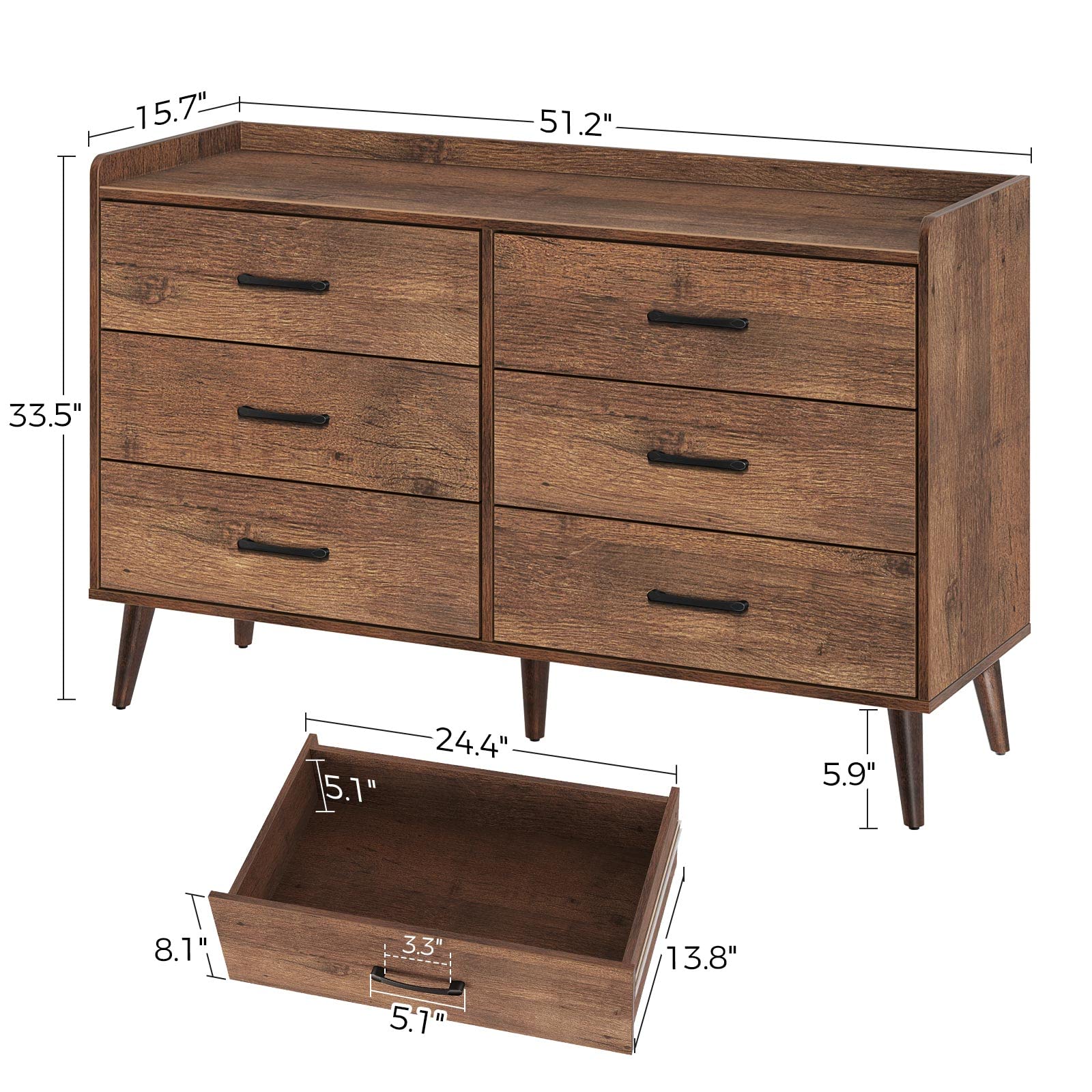 Rolanstar Drawer Dresser Quick Install, 6 Wooden Drawers Storage Dresser with Set of 4 Foldable Drawer Dividers, Mid Century Rustic Chest of Drawer with Anti-Tipping Device, Bedroom, Brown