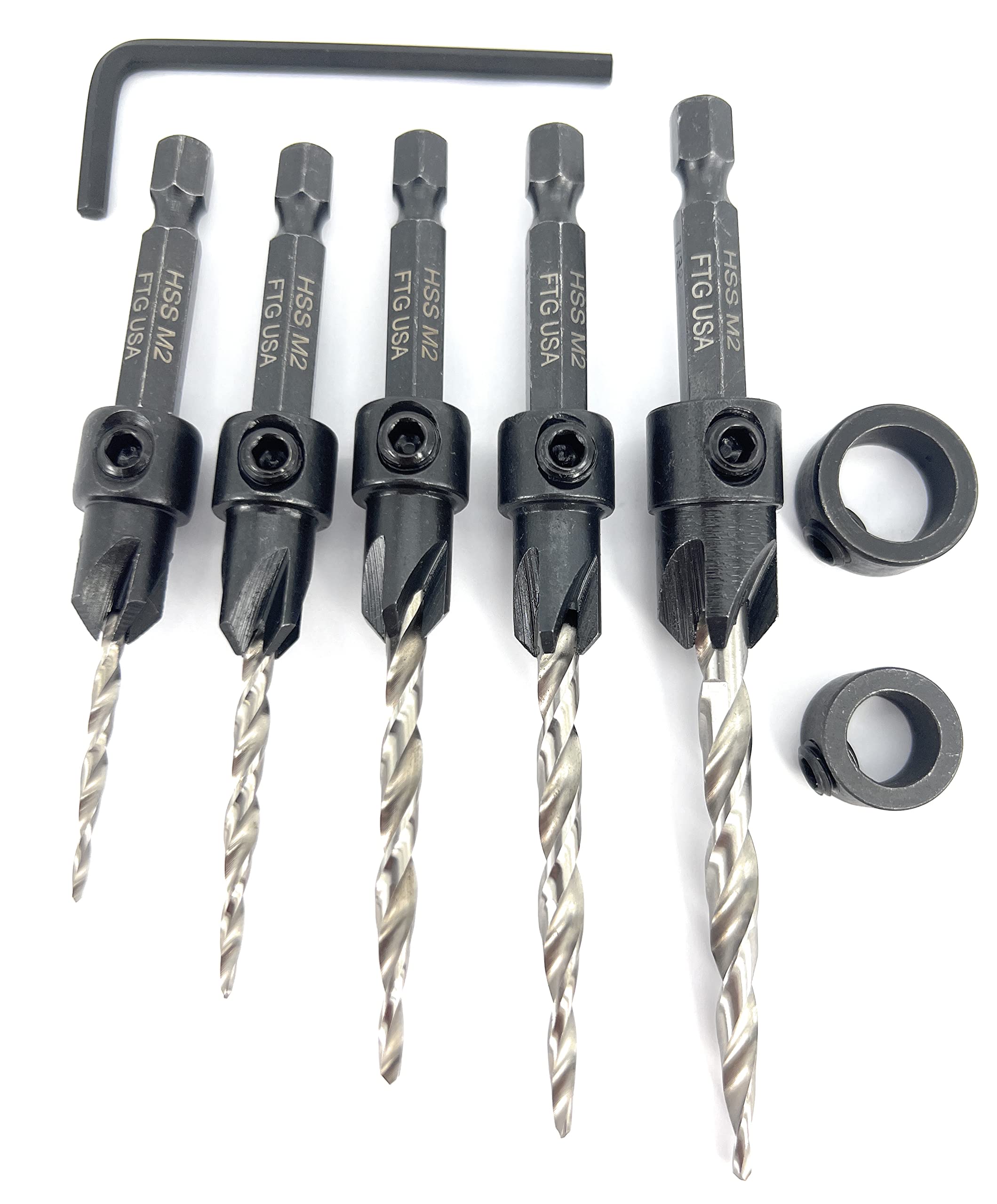 FTG USA Countersink Drill Bit Set 5 Pc Countersink Drill Bit #4#6#8#10#12 Tapered Drill Bits with Improved Countersink Connection Drill Bit to Hex Shank Without Pin, 2 Stop Collar, 1 Allen Wrench