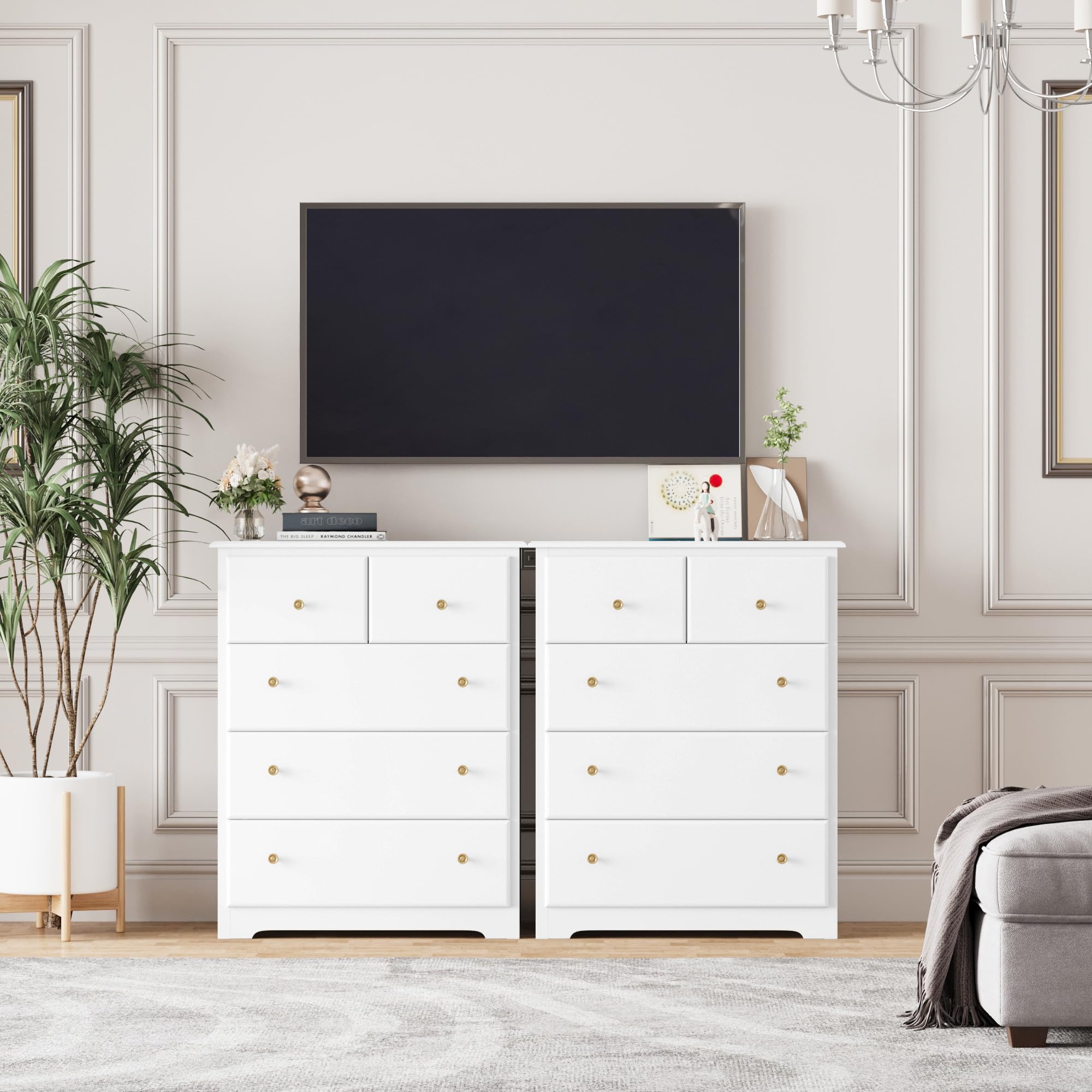 HOUSUIT Dresser with 5 Drawers, Tall Dresser Chest of Drawers, 5 Drawer Dresser with Deep Space, Wood Dresser Storage Cabinet for Living Room, Hallway, Entryway, Office, White