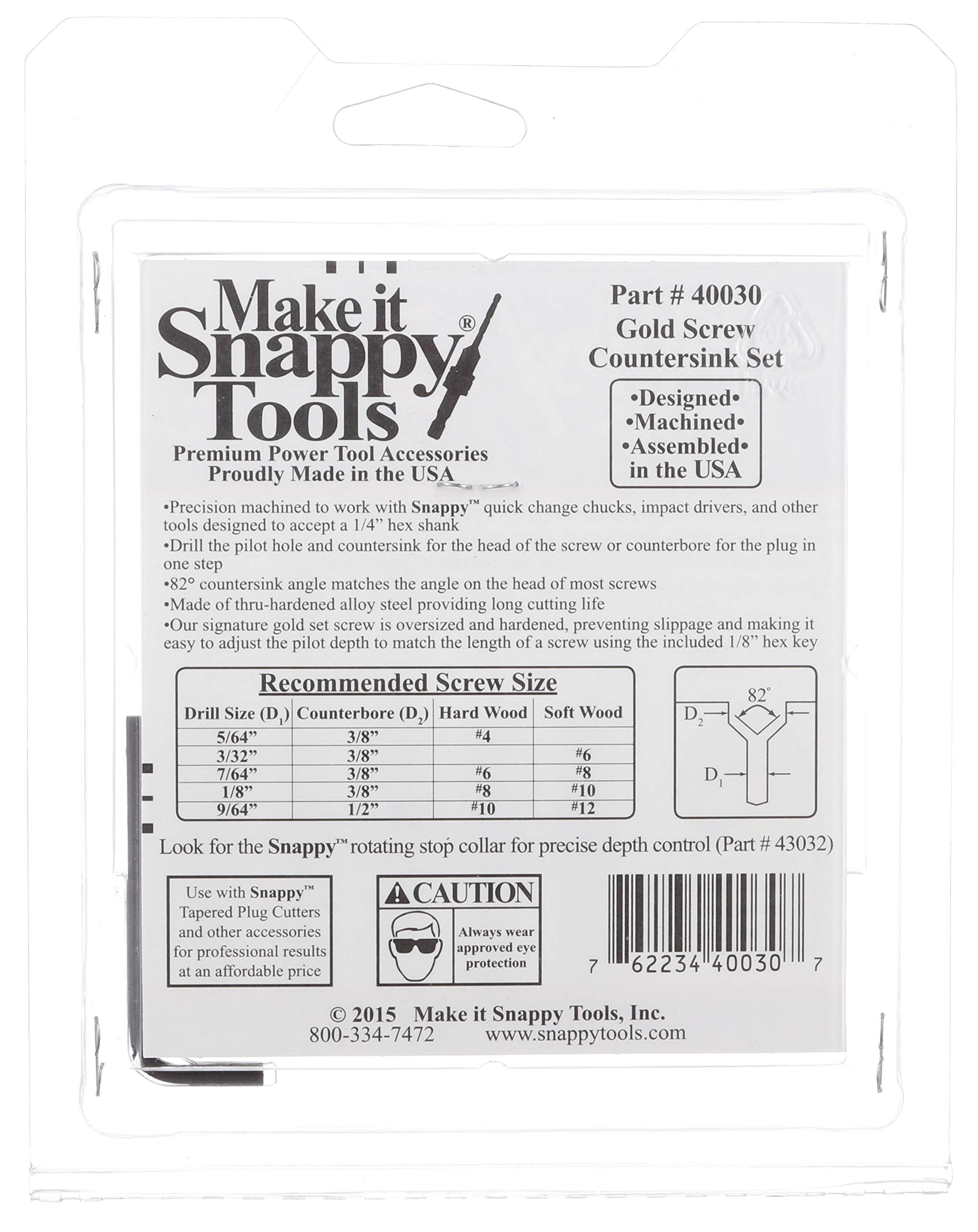 Snappy Tools Quick-Change 5-Pc. Countersink Drill Bit Set. Proudly Made in The USA.