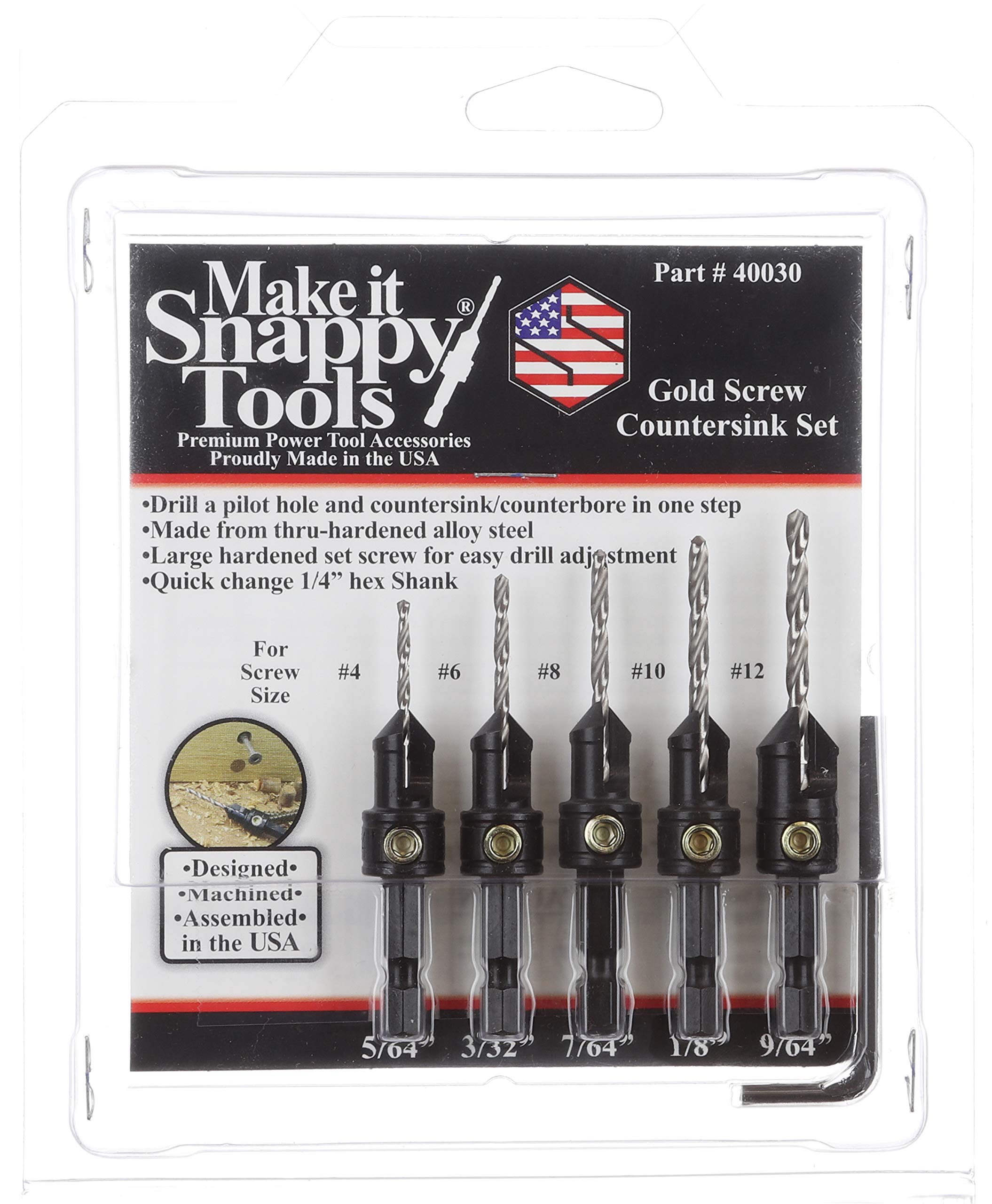 Snappy Tools Quick-Change 5-Pc. Countersink Drill Bit Set. Proudly Made in The USA.