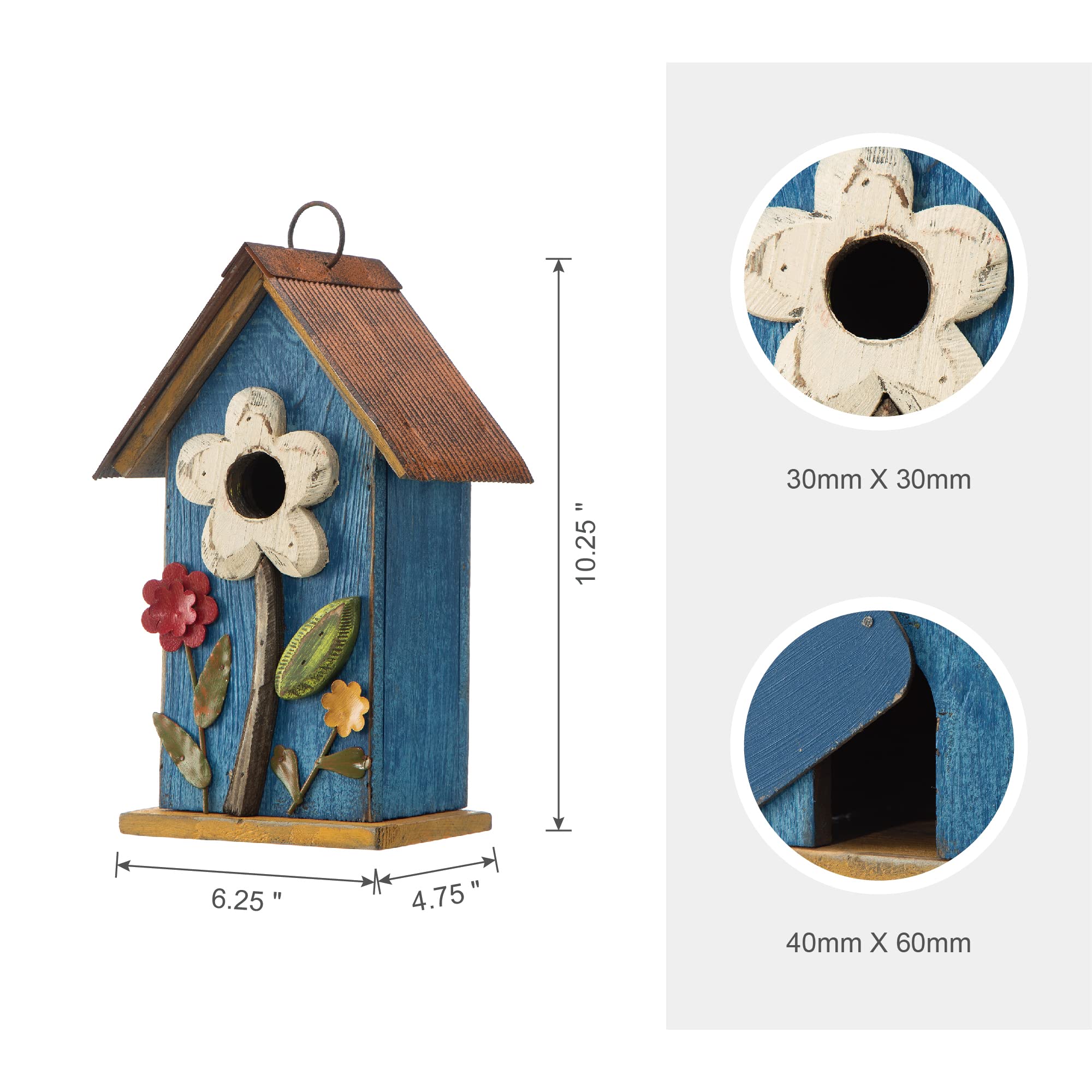 glitzhome GH90097 Distressed Decorative Solid Wood Birdhouse, 10.25 Inch Tall, Blue