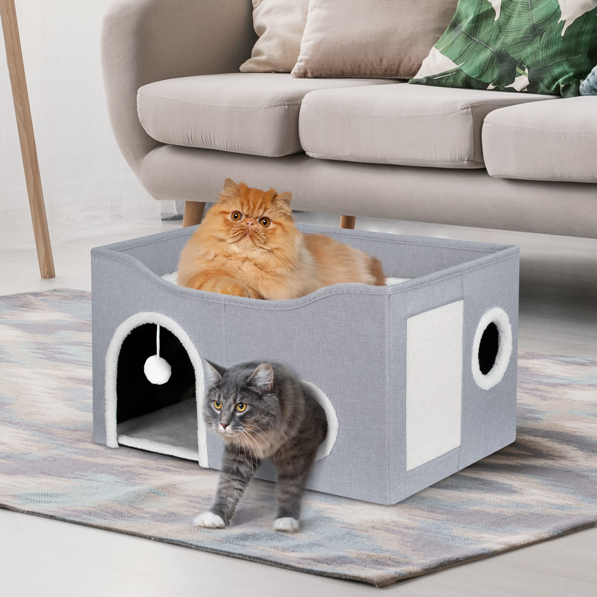 Heeyoo Cat House for Indoor Cats - Large Cat Bed Cave with Fluffy Ball and Scratch Pad, Foldable Cat Condos, Cat Cubes, Cat Hideaway, Covered Cat Bed