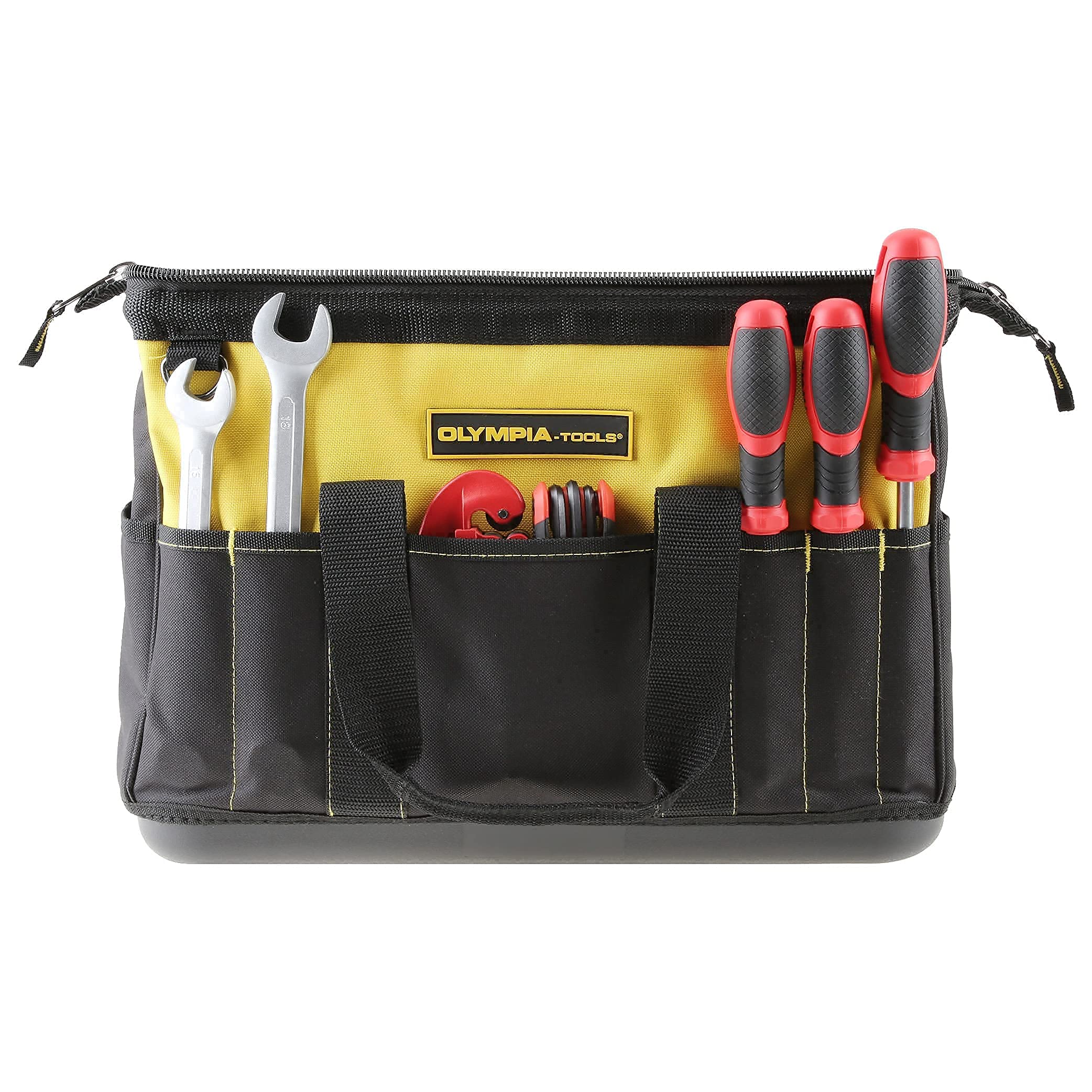 Olympia Tools 16 Inch Wide Mouth Tool Bag, Molded Waterproof Base with 21 Pockets and 7 Belt Loops, Padded Handle, Adjustable Shoulder Strap