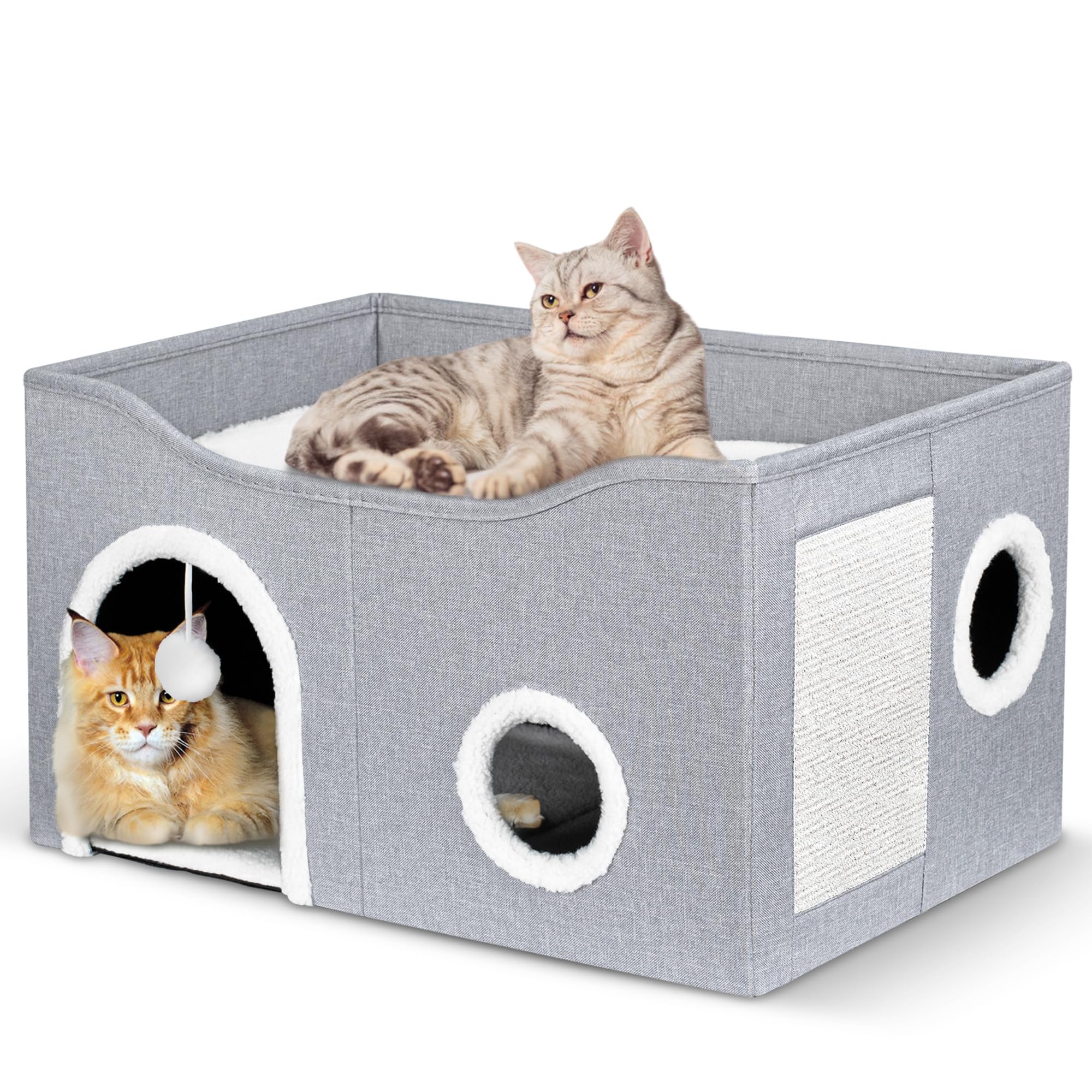 Heeyoo Cat House for Indoor Cats - Large Cat Bed Cave with Fluffy Ball and Scratch Pad, Foldable Cat Condos, Cat Cubes, Cat Hideaway, Covered Cat Bed