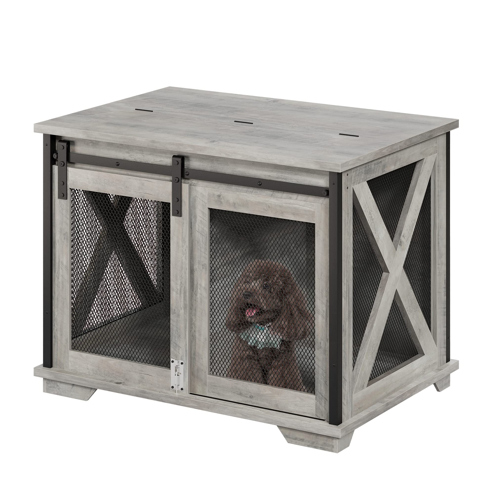 IDEALHOUSE 37' Dog Crate Furniture Side End Table with Flip Top and Movable Divider, Wooden Dog Crate Table Large, Style Dog Kennel Side End Table