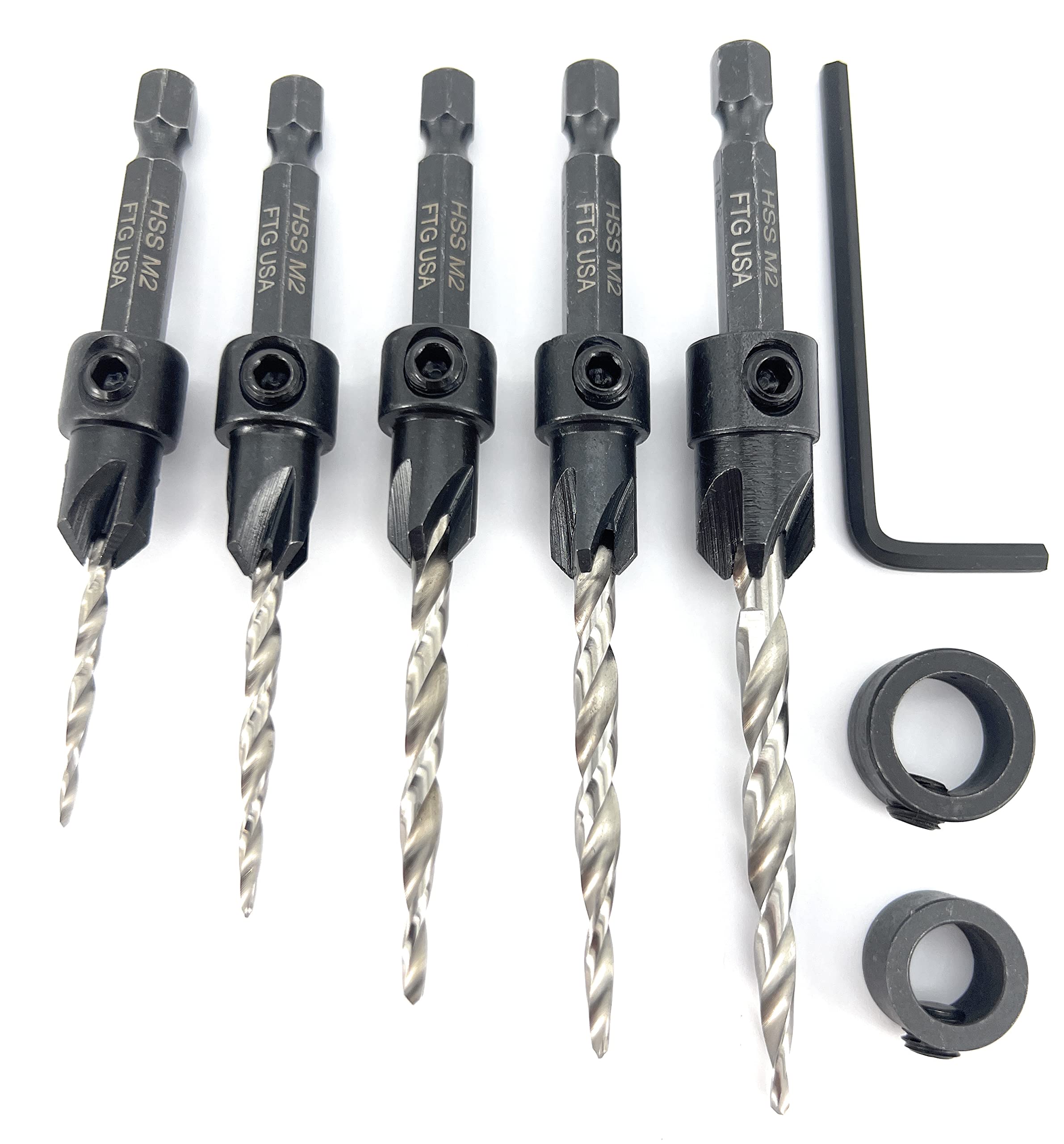 FTG USA Countersink Drill Bit Set 5 Pc Countersink Drill Bit #4#6#8#10#12 Tapered Drill Bits with Improved Countersink Connection Drill Bit to Hex Shank Without Pin, 2 Stop Collar, 1 Allen Wrench