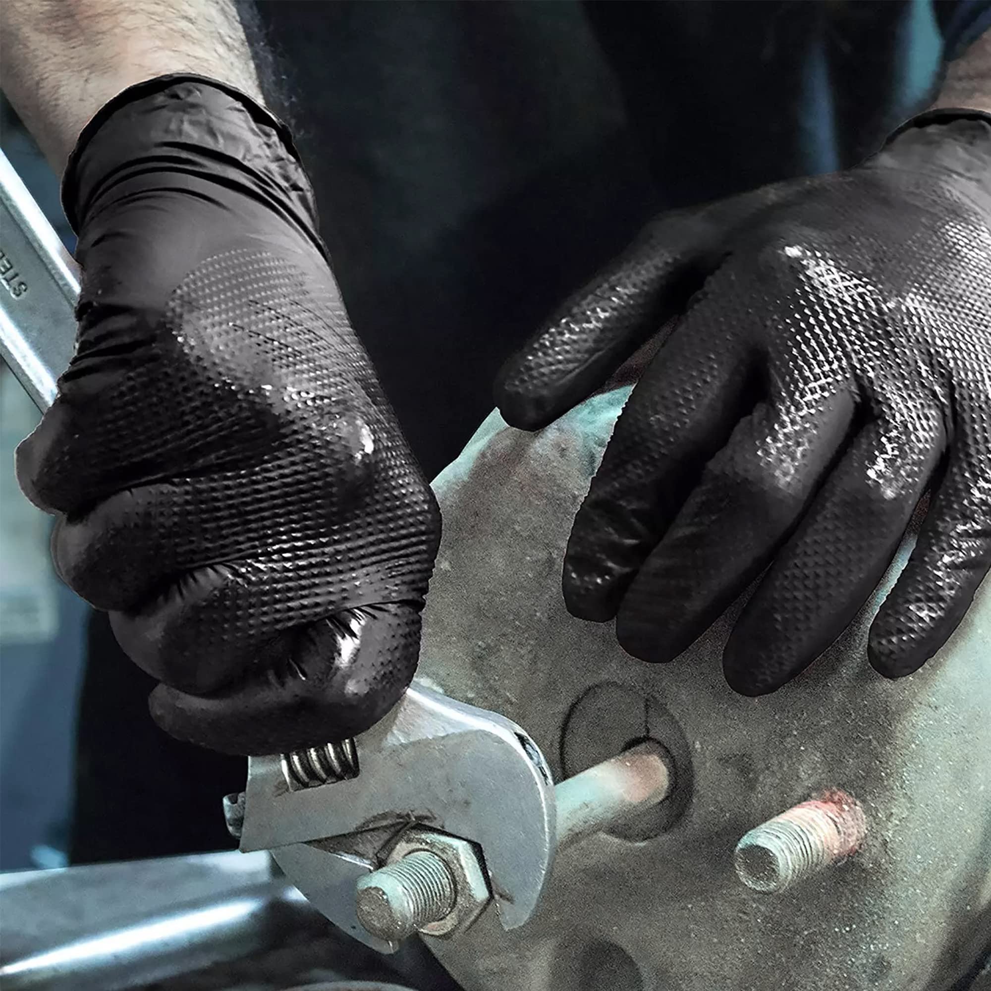 TITANflex Thor Grip Heavy Duty Black Industrial Nitrile Gloves, 8-mil, XL, Box of 100, Latex Free, Raised Diamond Texture, Powder Free, Food Safe, Rubber Gloves, Mechanic Gloves