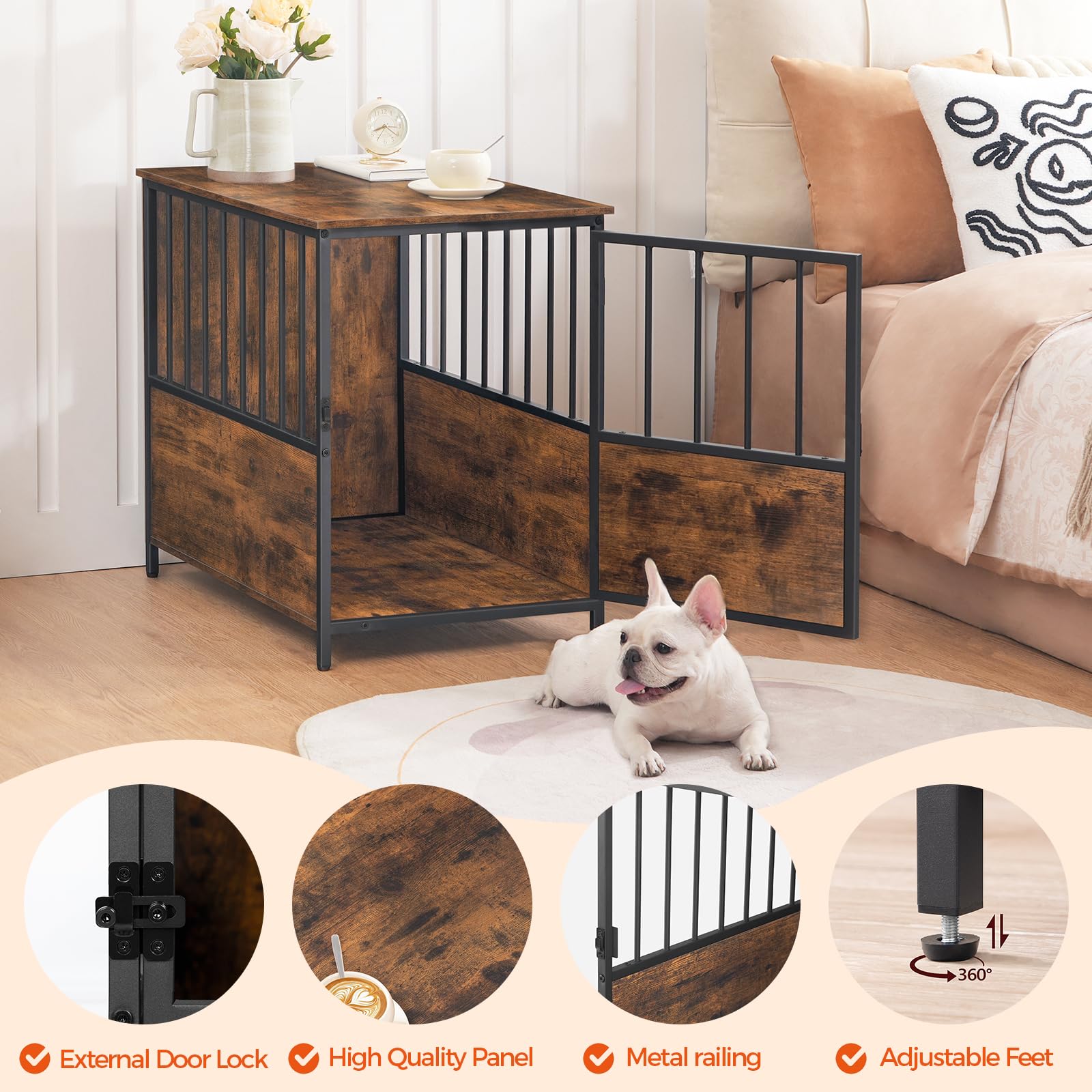 MAHANCRIS Dog Crate Furniture, Wooden Dog Kennel for Small Medium Dogs, Heavy Duty Dog Cage with Lockable Door, Decorative Indoor Dog House End Table, Chew-Resistant, Rustic Brown DCHR6601