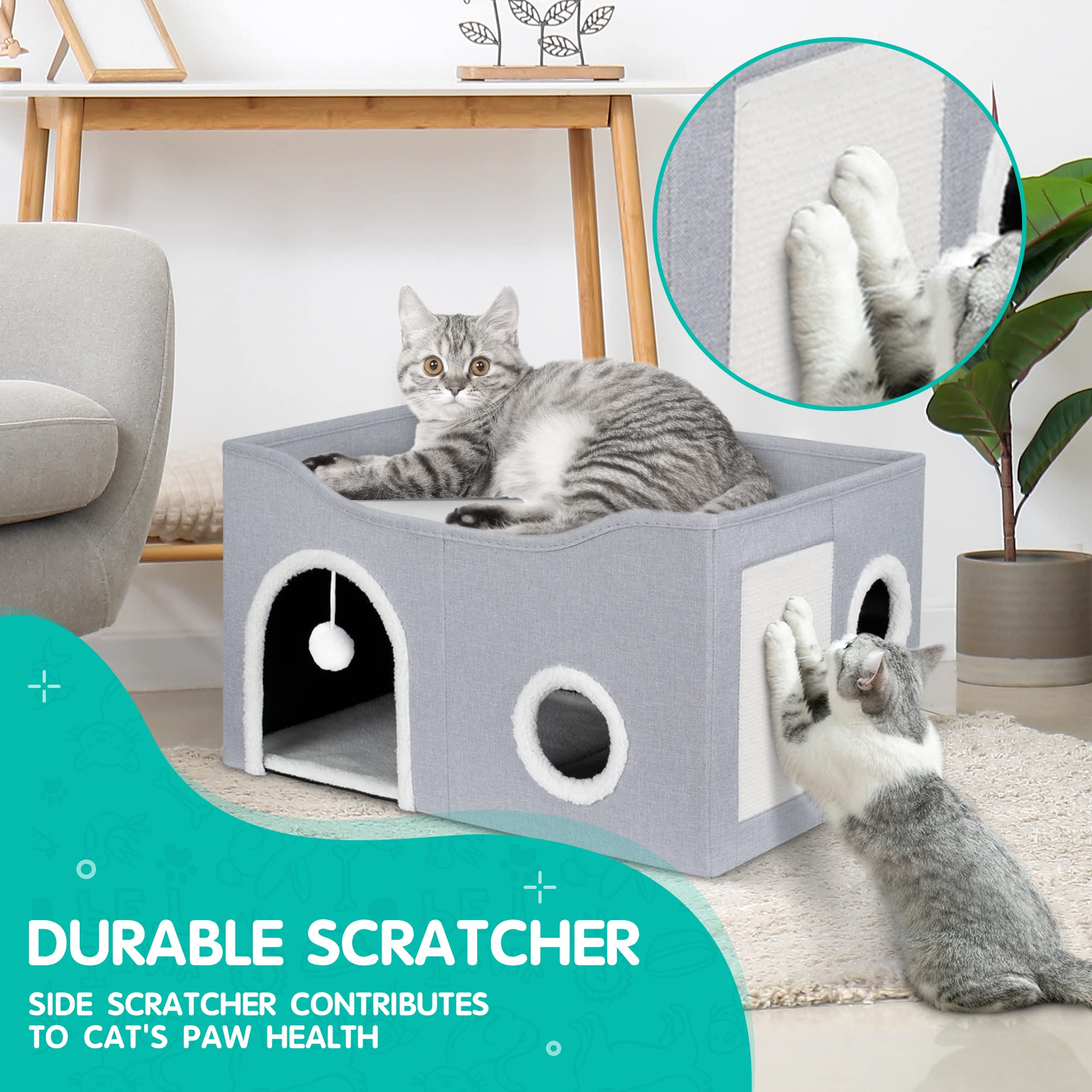 Heeyoo Cat House for Indoor Cats - Large Cat Bed Cave with Fluffy Ball and Scratch Pad, Foldable Cat Condos, Cat Cubes, Cat Hideaway, Covered Cat Bed