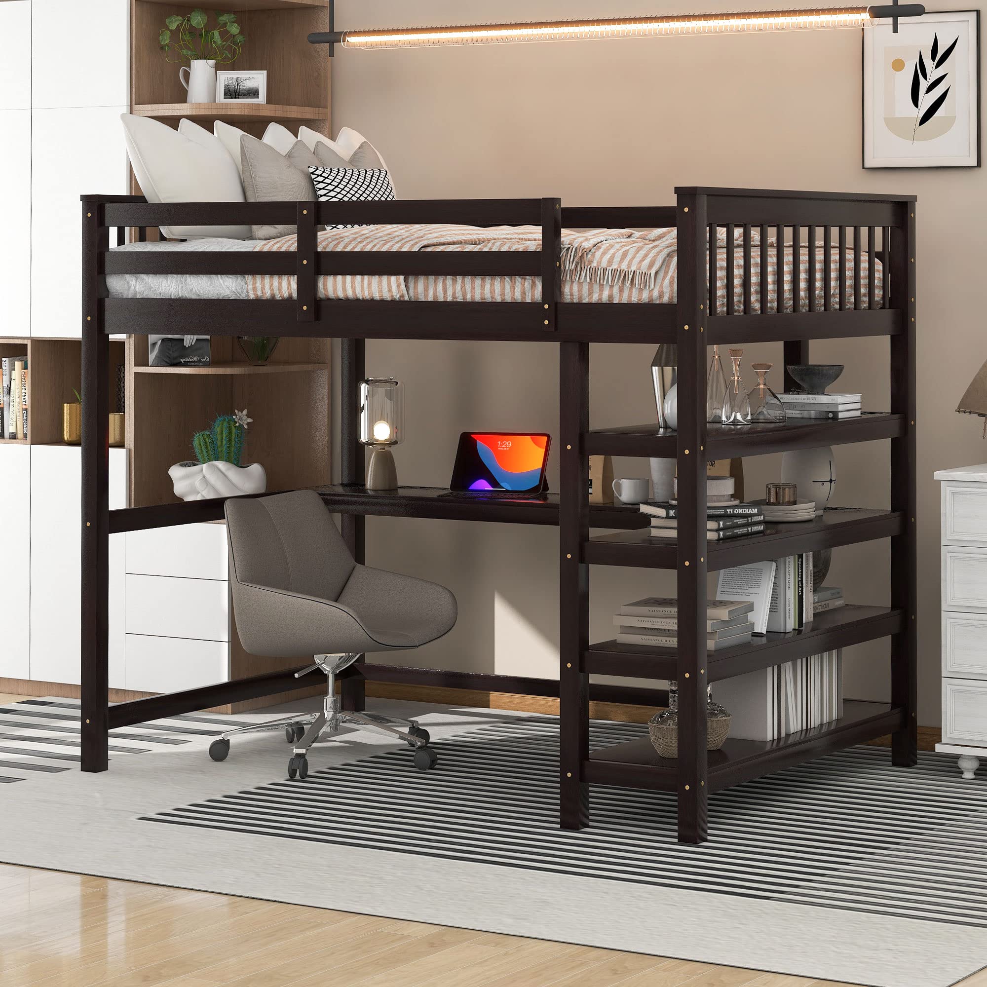 Merax Wood Loft Bed with Desk and Shelves : Twin Size Loft Bed with Storage Shelves and Under-Bed Desk, Twin Loft Bed,Espresso