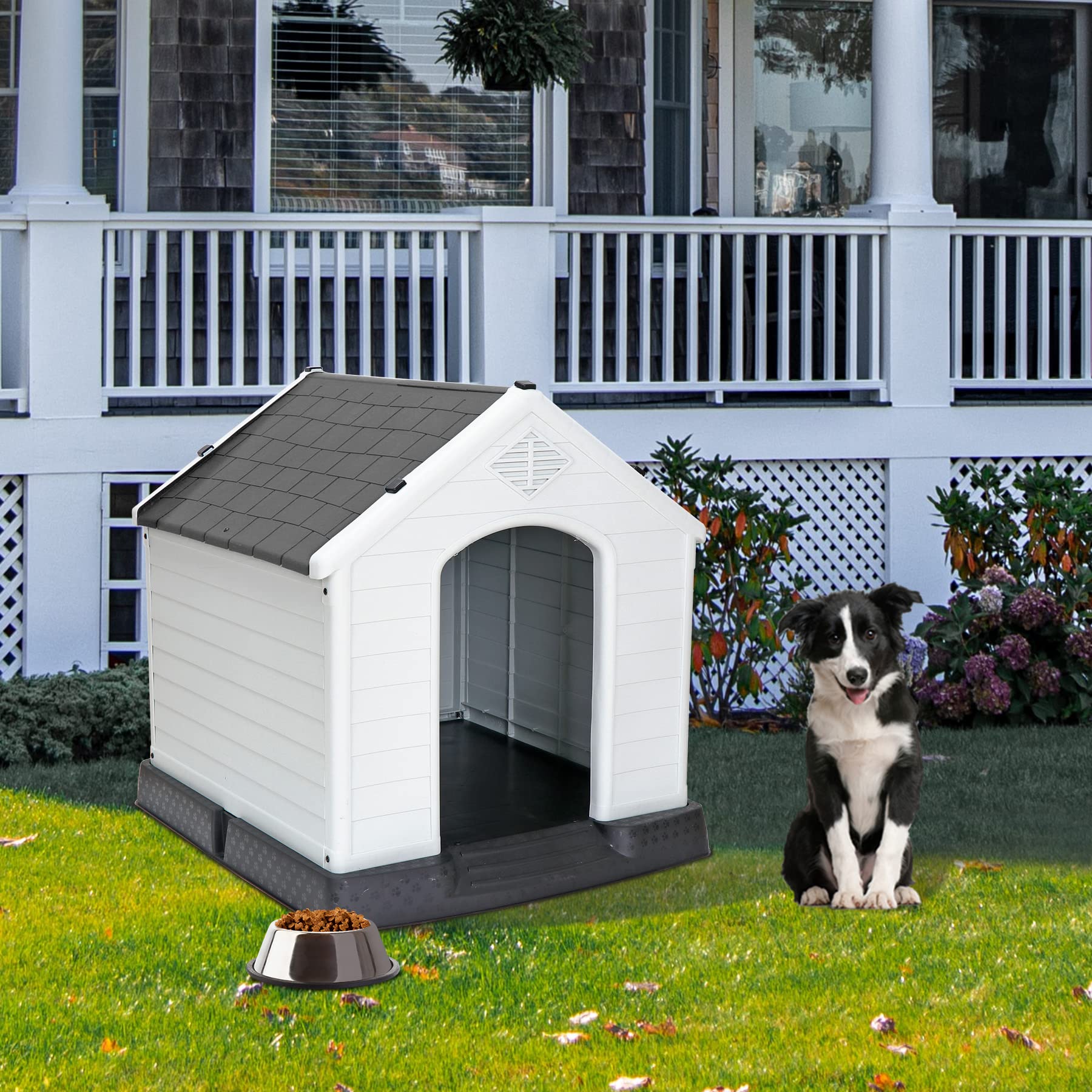 Pet Republic Large Plastic Dog House Indoor Outdoor Doghouse Dog Kennel Easy to Assemble Puppy Shelter w/Air Vents Elevated Floor Waterproof